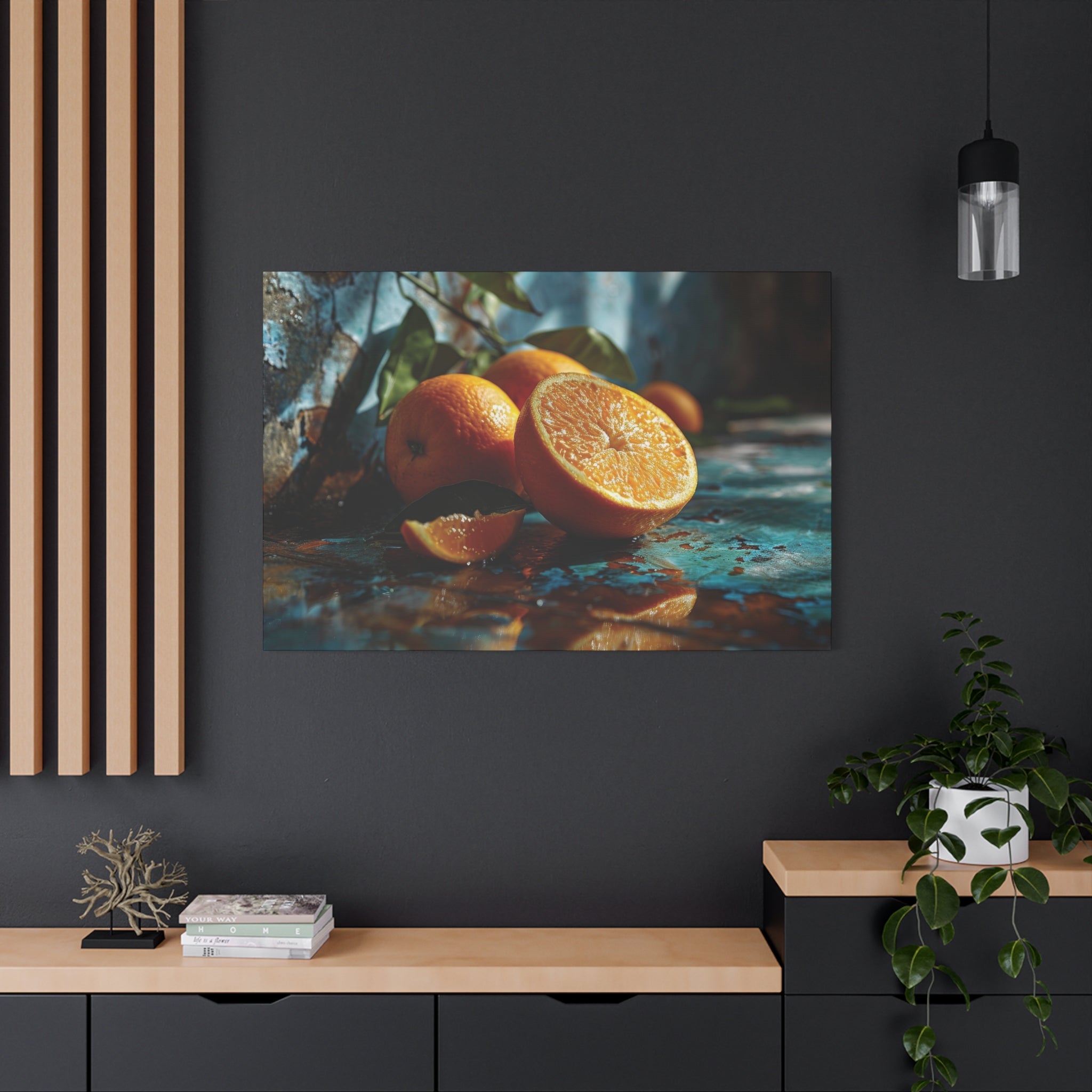 Vibrant Citrus: Fresh Oranges on Rustic Turquoise Canvas Art - MiTo Store