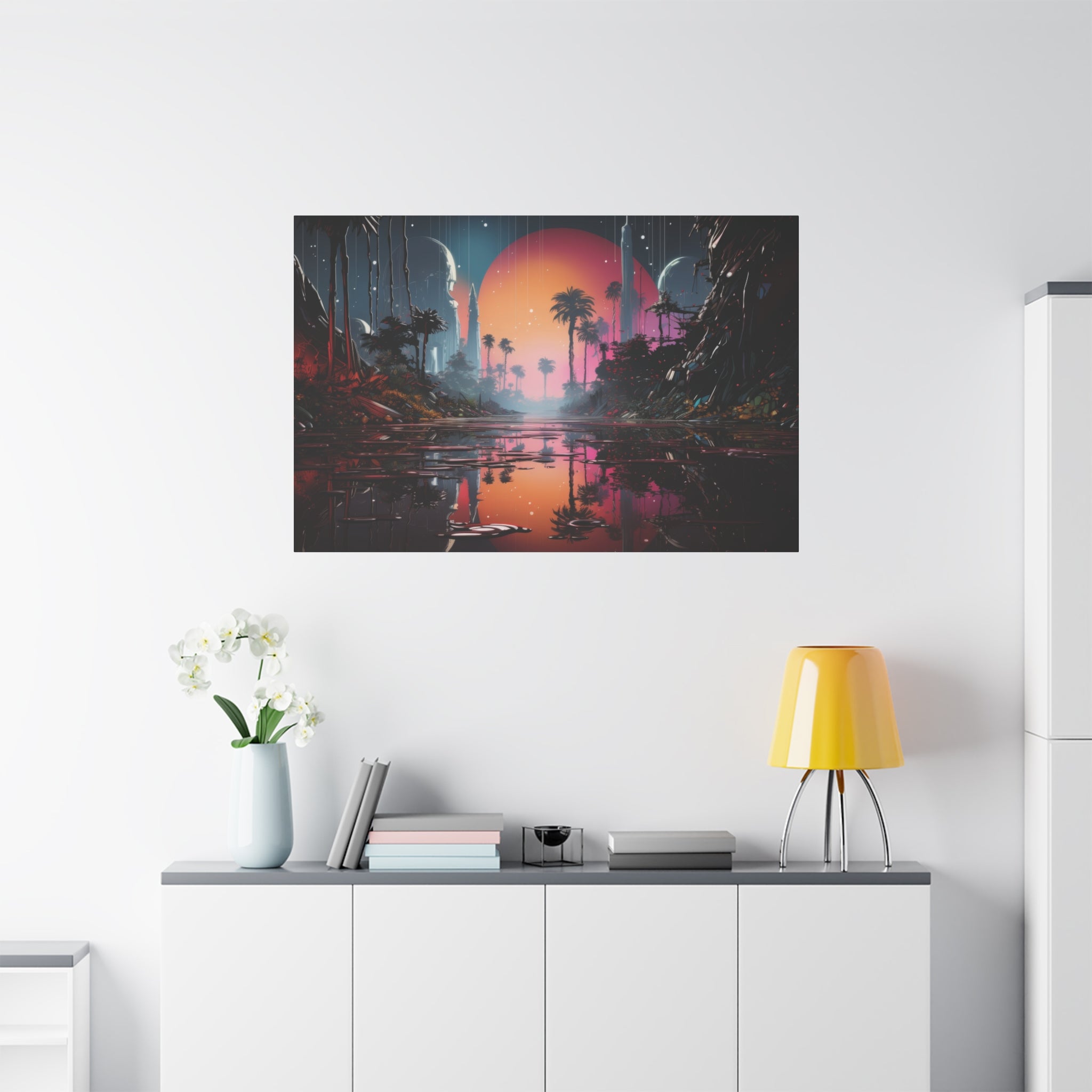 Galactic Oasis: Dusk at the Neon Junglescape Canvas Art - MiTo Store