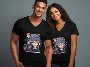 Cute Coffee Raccoon V-Neck T-Shirt - MiTo Store