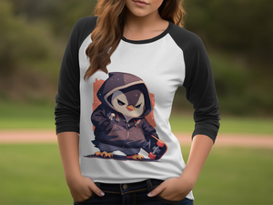 Edgy Penguin with Skateboard 3/4 Sleeve Baseball Tee - MiTo Store