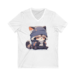 Cute Coffee Raccoon V-Neck T-Shirt - MiTo Store