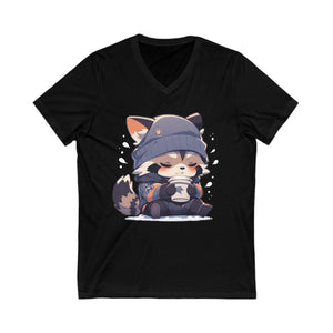 Cute Coffee Raccoon V-Neck T-Shirt - MiTo Store