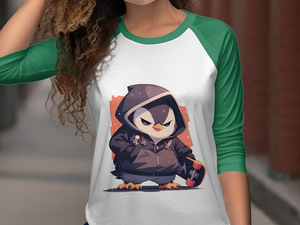 Edgy Penguin with Skateboard 3/4 Sleeve Baseball Tee - MiTo Store