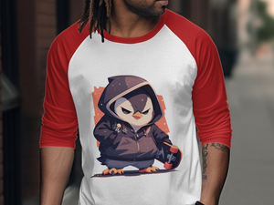 Edgy Penguin with Skateboard 3/4 Sleeve Baseball Tee - MiTo Store