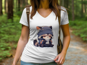 Cute Coffee Raccoon V-Neck T-Shirt - MiTo Store