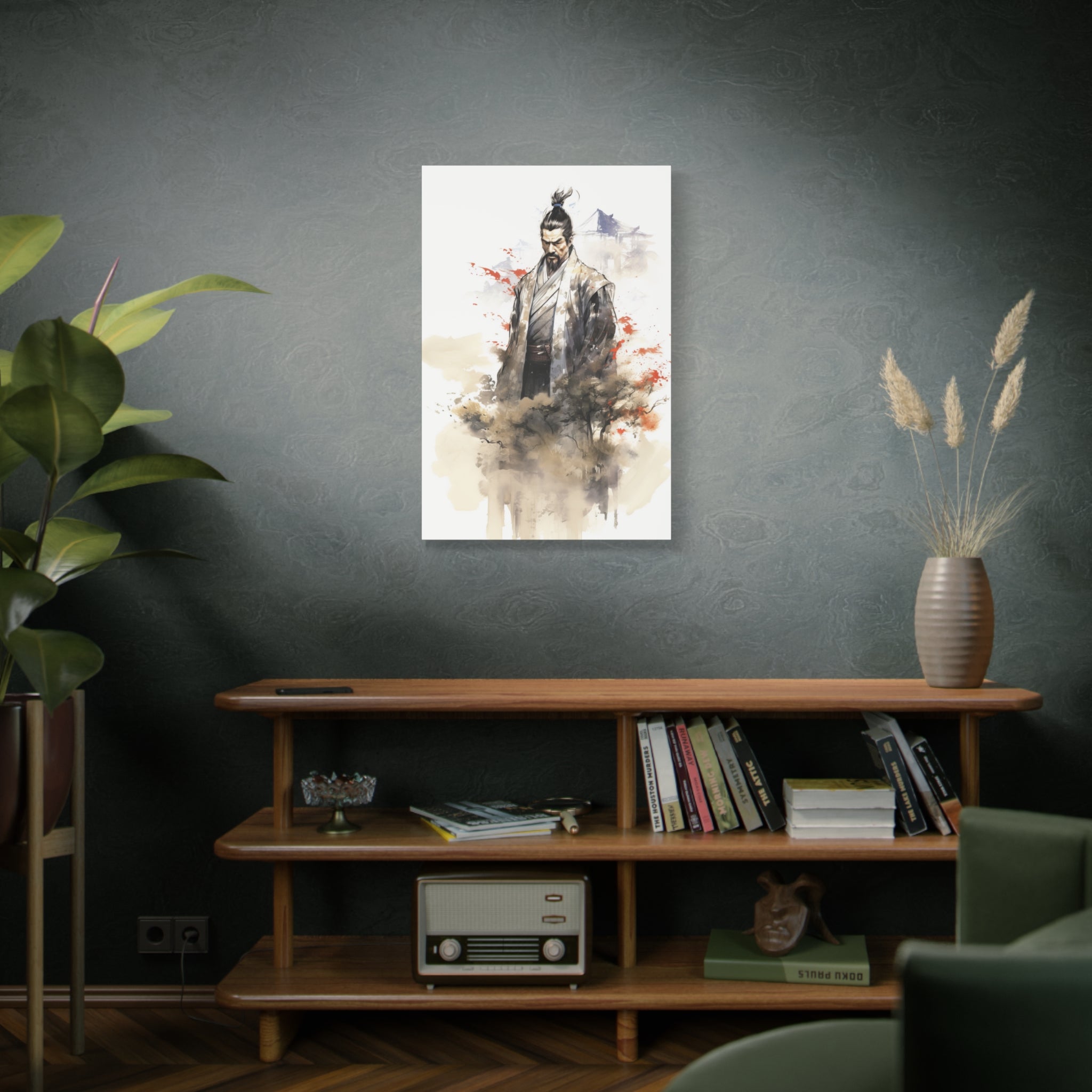 Shoguns Gaze: Samurai Amidst Misty Temples Canvas Art