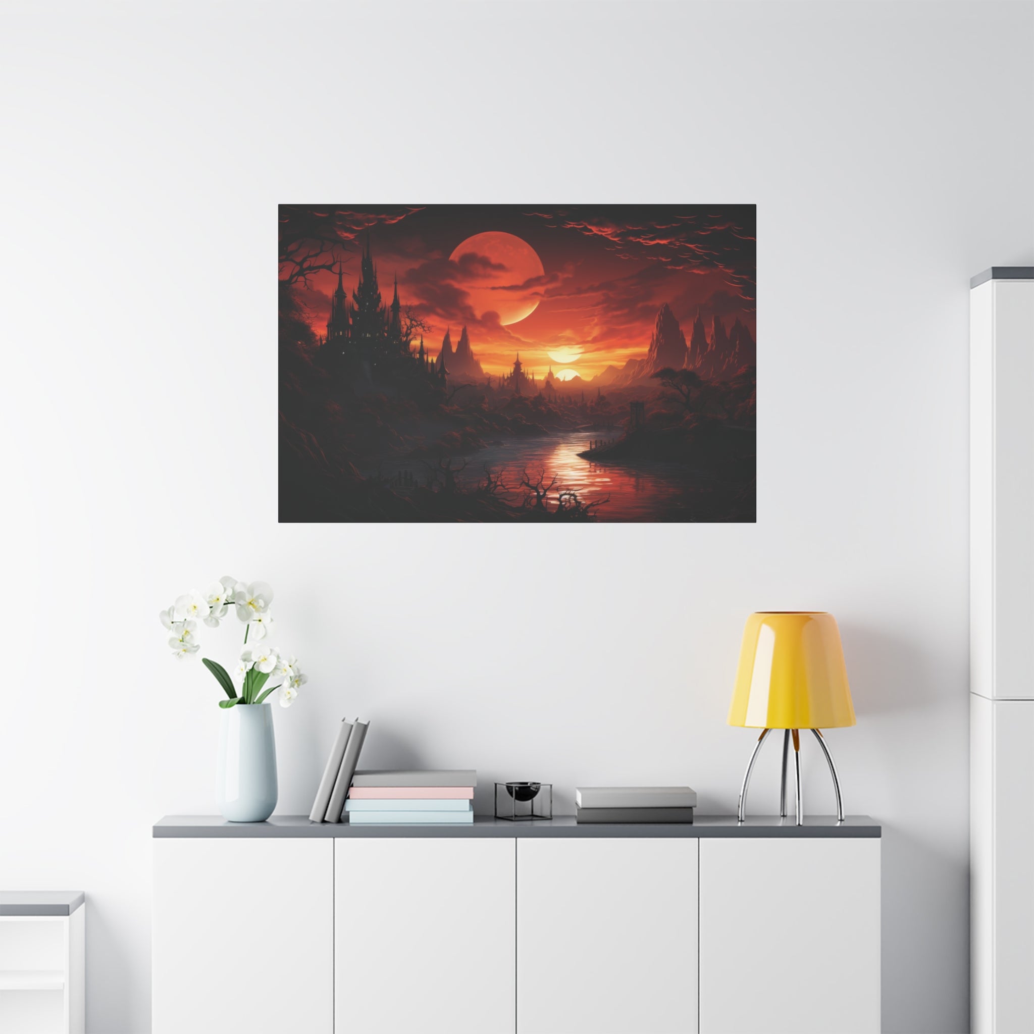 Gothic Twilight: Enchanted Castle Under a Blood Moon Canvas Art