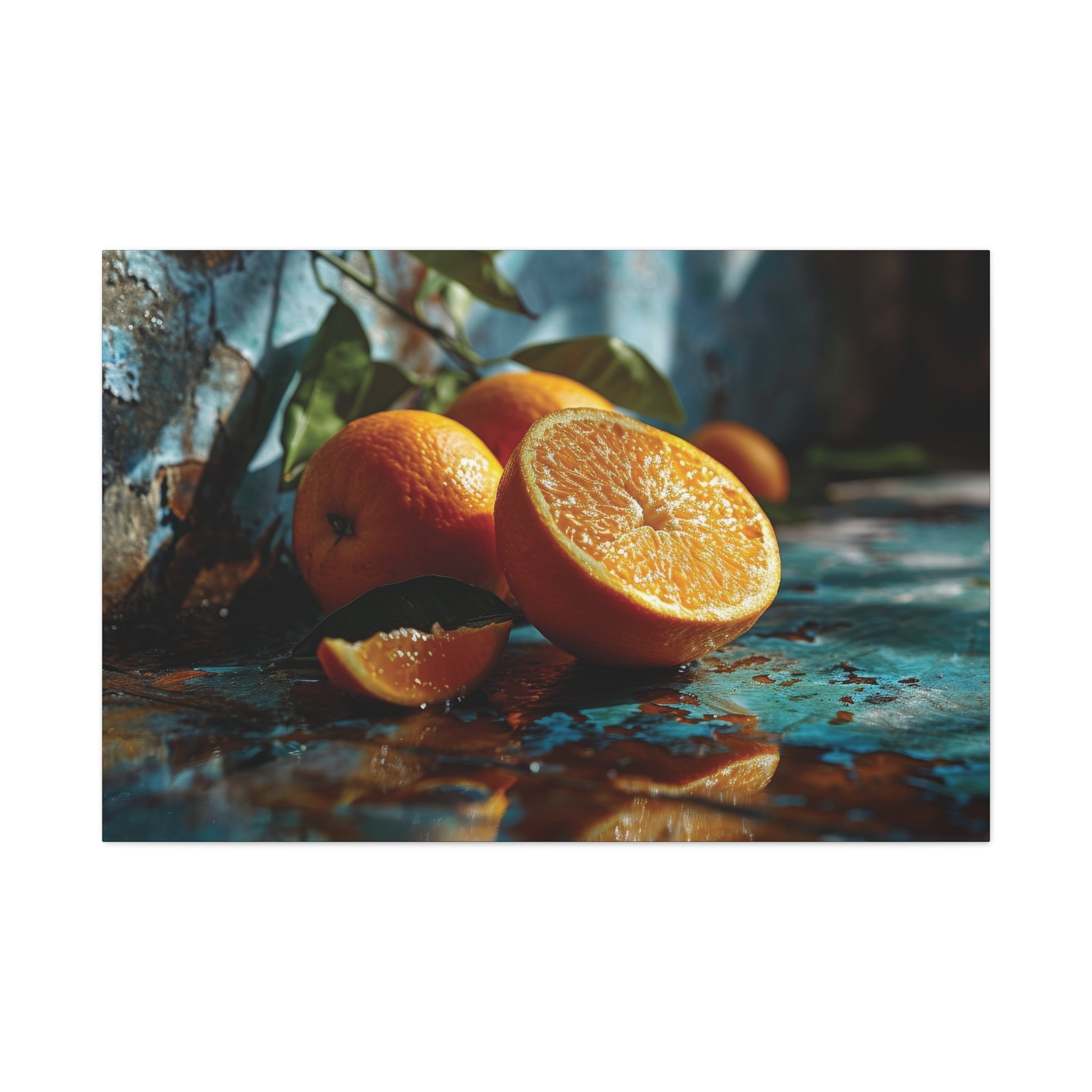 Vibrant Citrus: Fresh Oranges on Rustic Turquoise Canvas Art