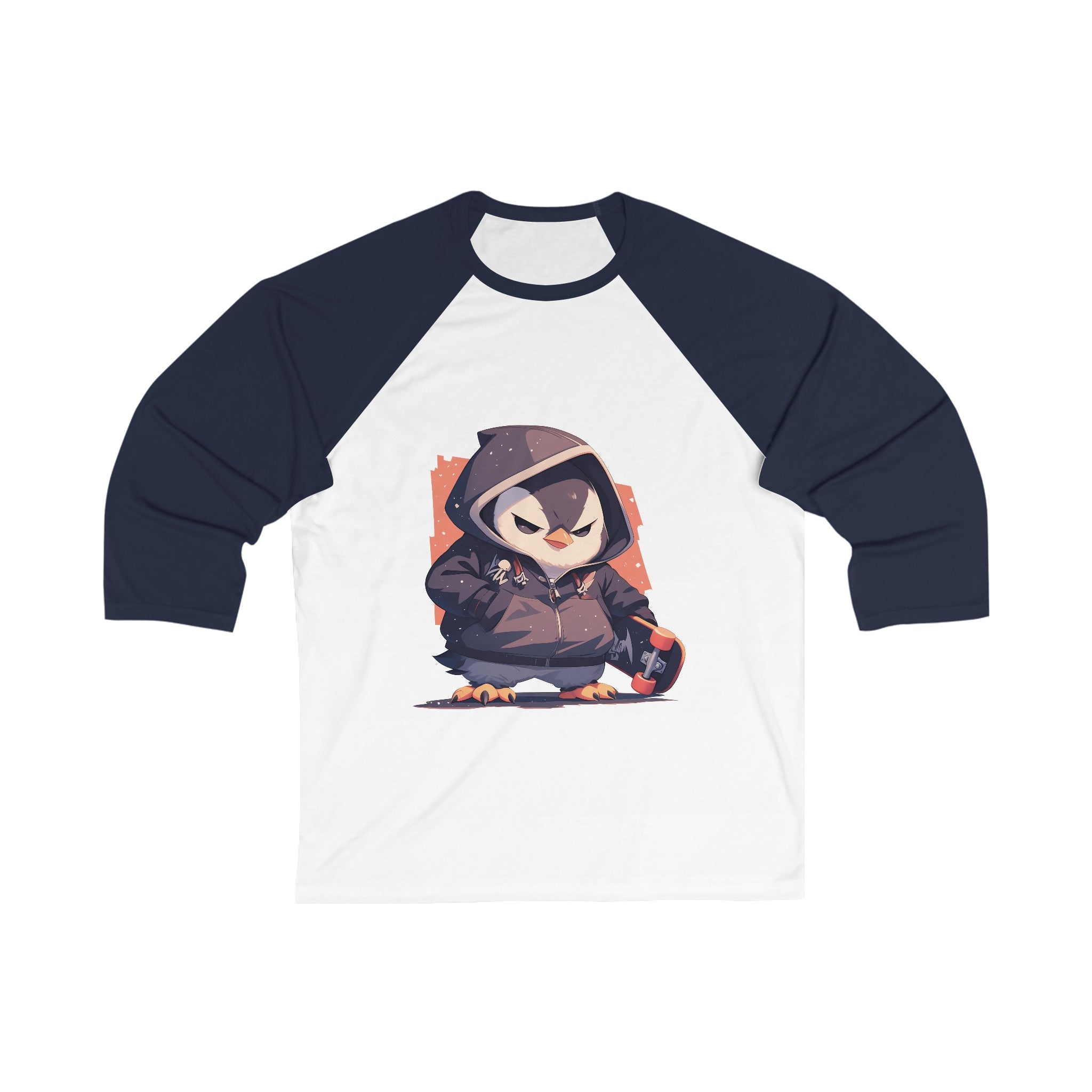 Edgy Penguin with Skateboard 3/4 Sleeve Baseball Tee