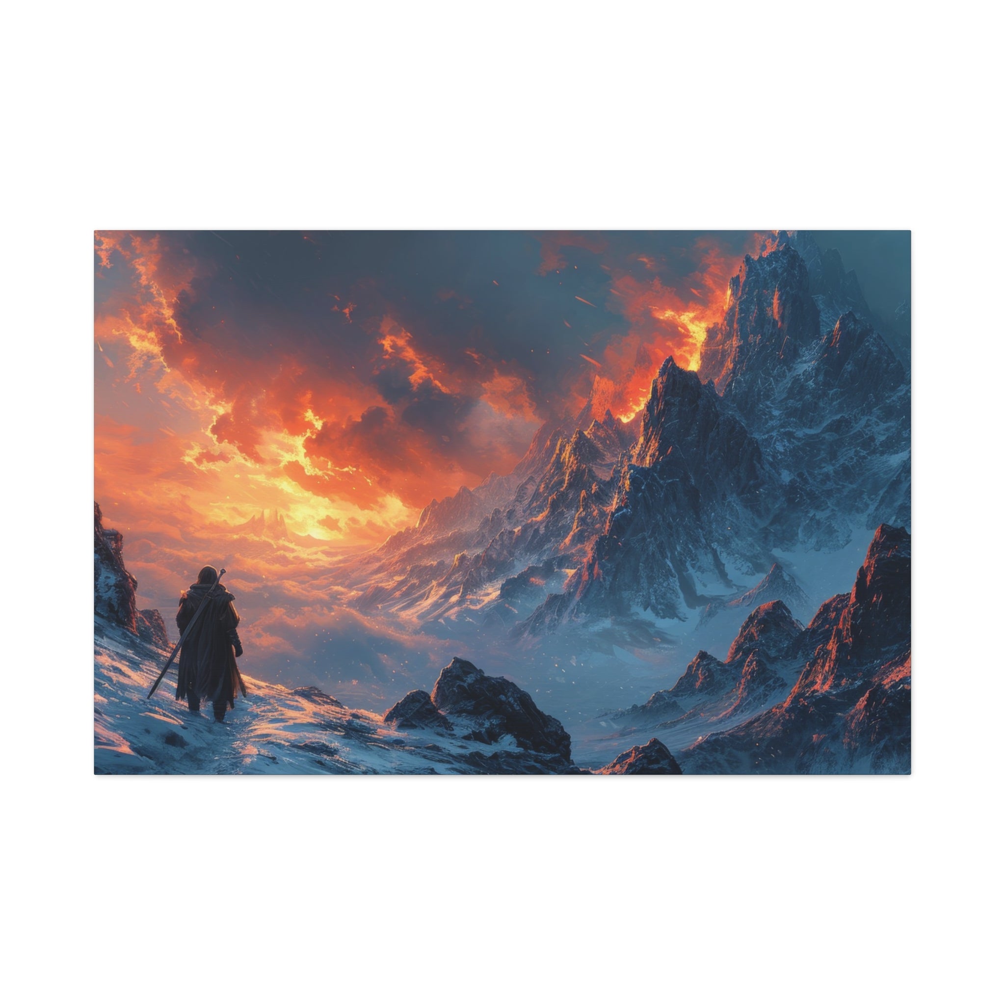 Ascend to the Flame: A Hero's Journey Through the Frozen Peaks Canvas Art