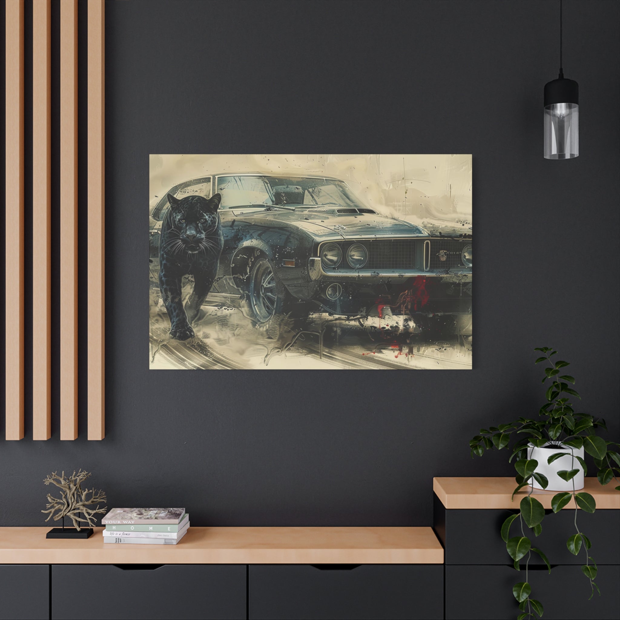 Midnight Roar: Panther and Muscle Car Canvas Art