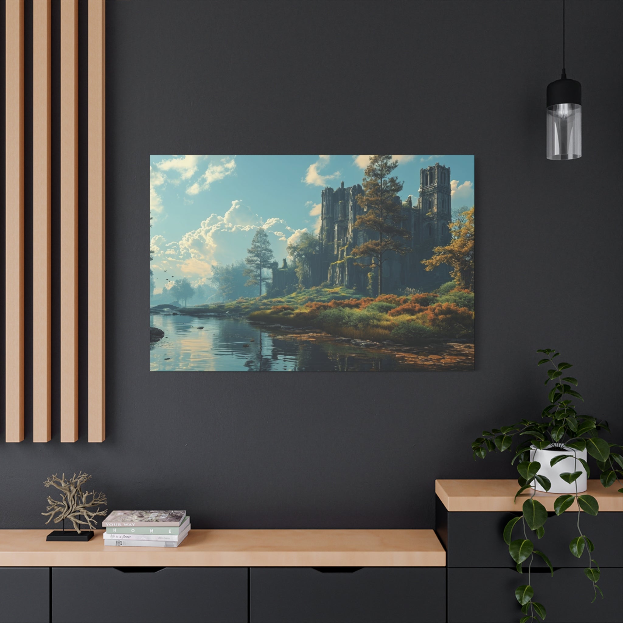 Ancient Ruins by the River: Timeless Landscape Canvas Art