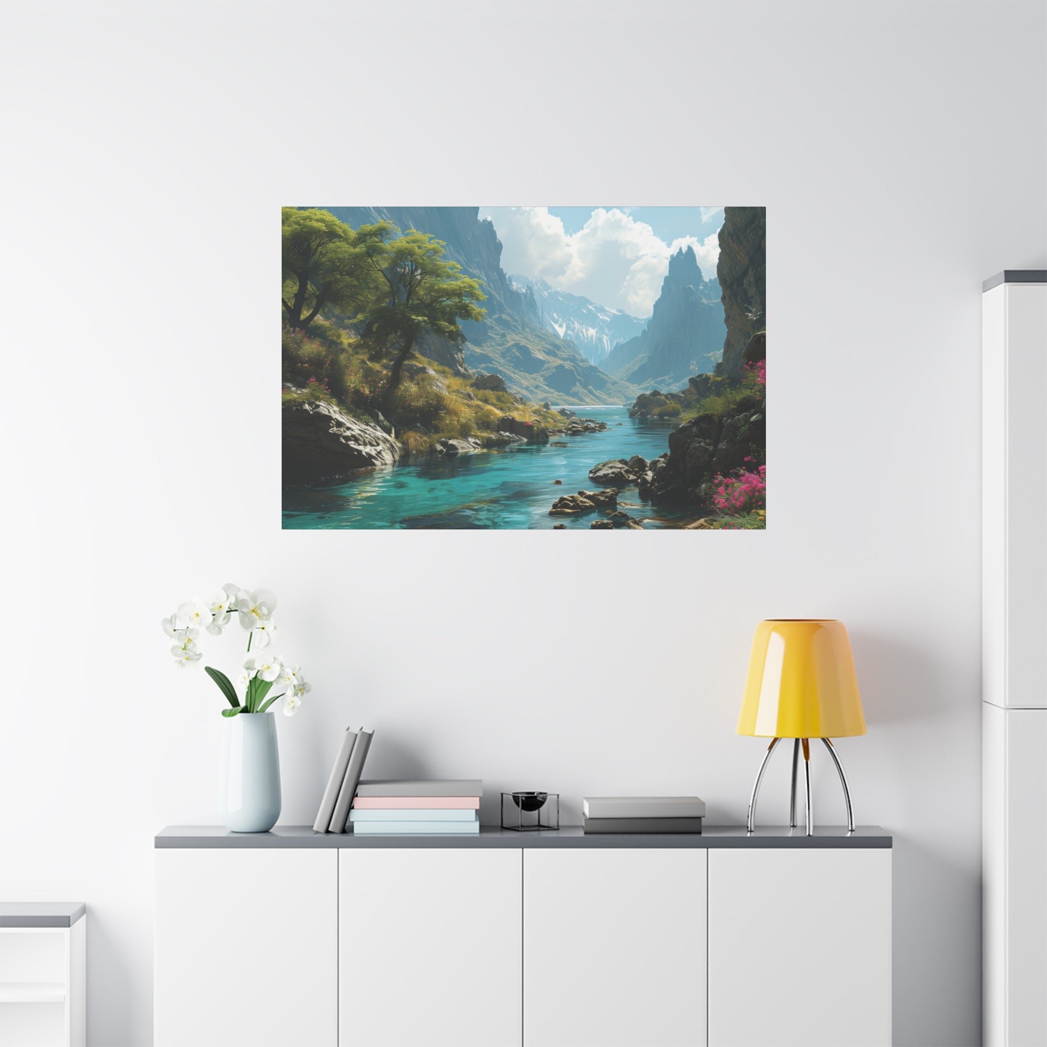 Majestic Mountain River: Fantasy Landscape Canvas Art