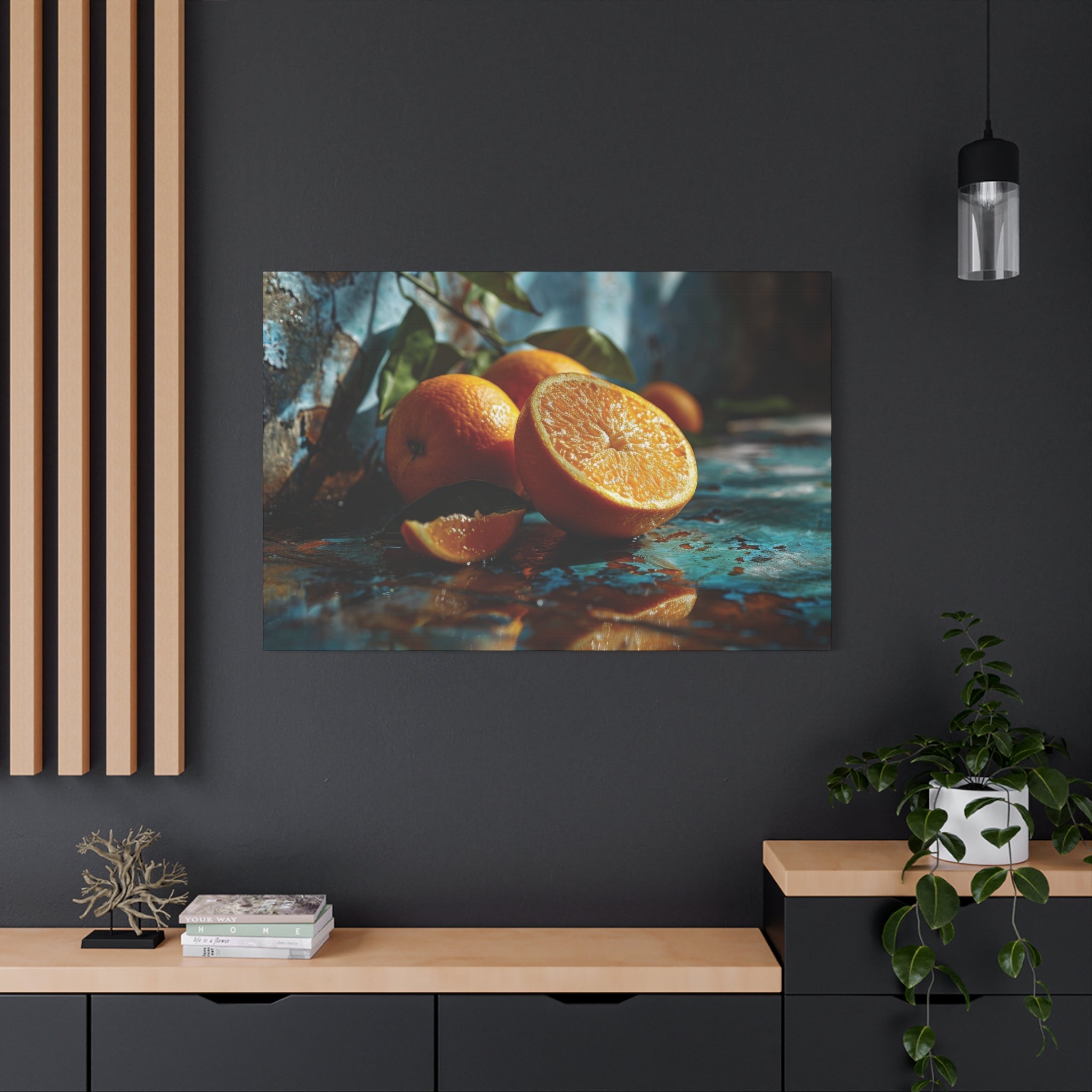 Vibrant Citrus: Fresh Oranges on Rustic Turquoise Canvas Art