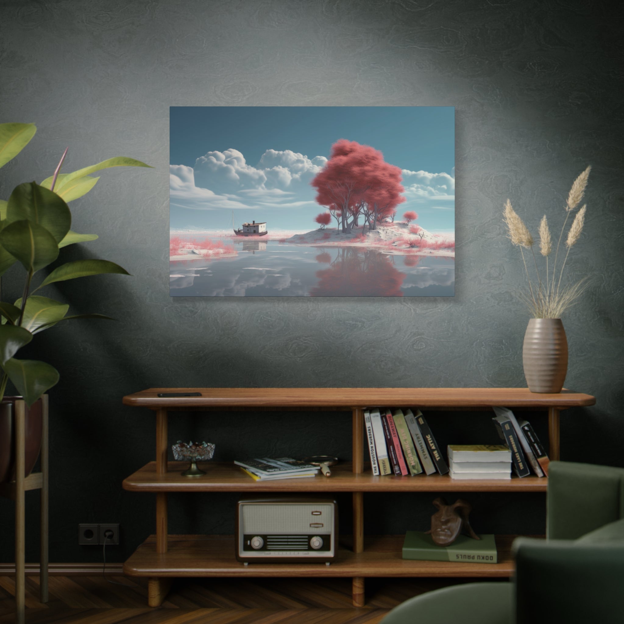 Crimson Serenity: The Ethereal Reflections of a Dreamy Waterscape Canvas Art