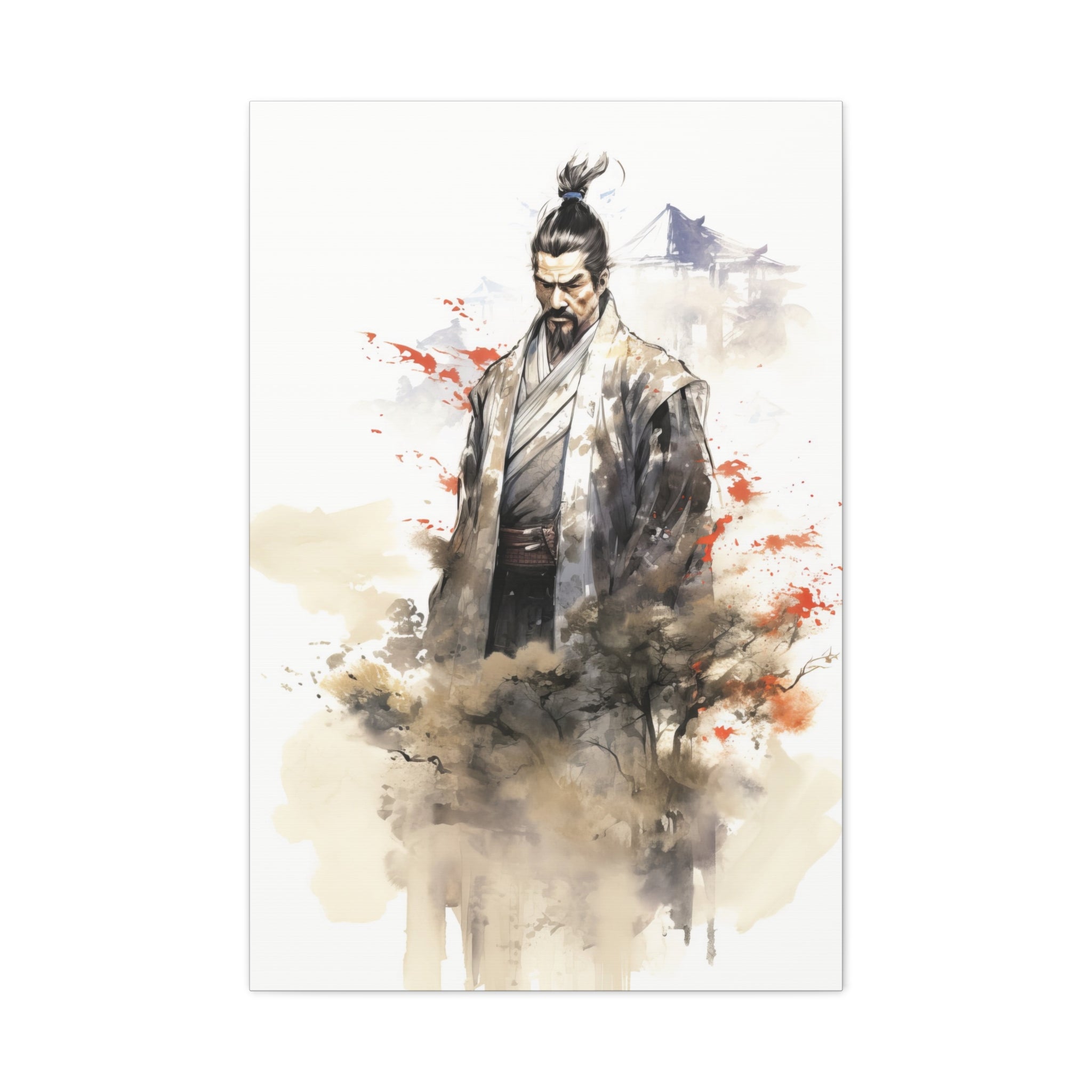 Shoguns Gaze: Samurai Amidst Misty Temples Canvas Art