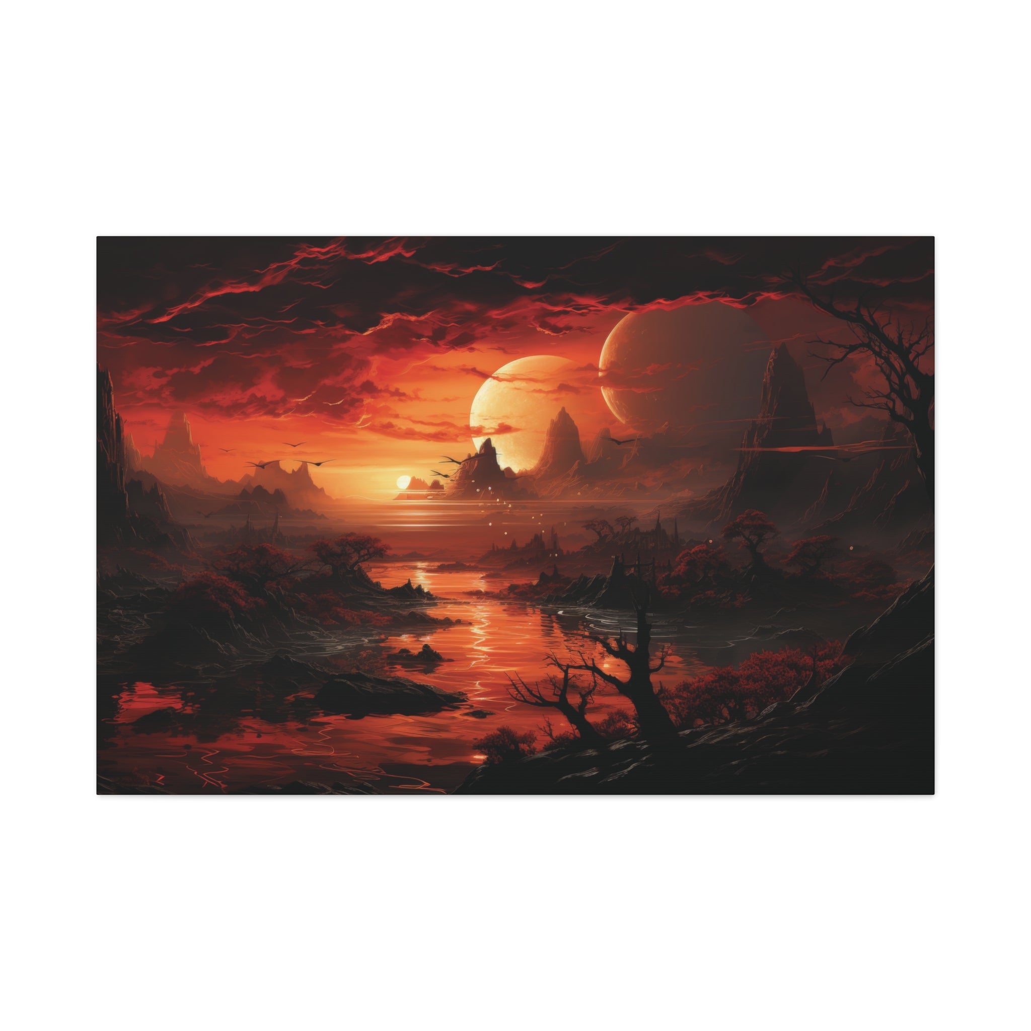 Apocalyptic Serenity: Crimson Eclipse Over Alien Landscape Canvas Art