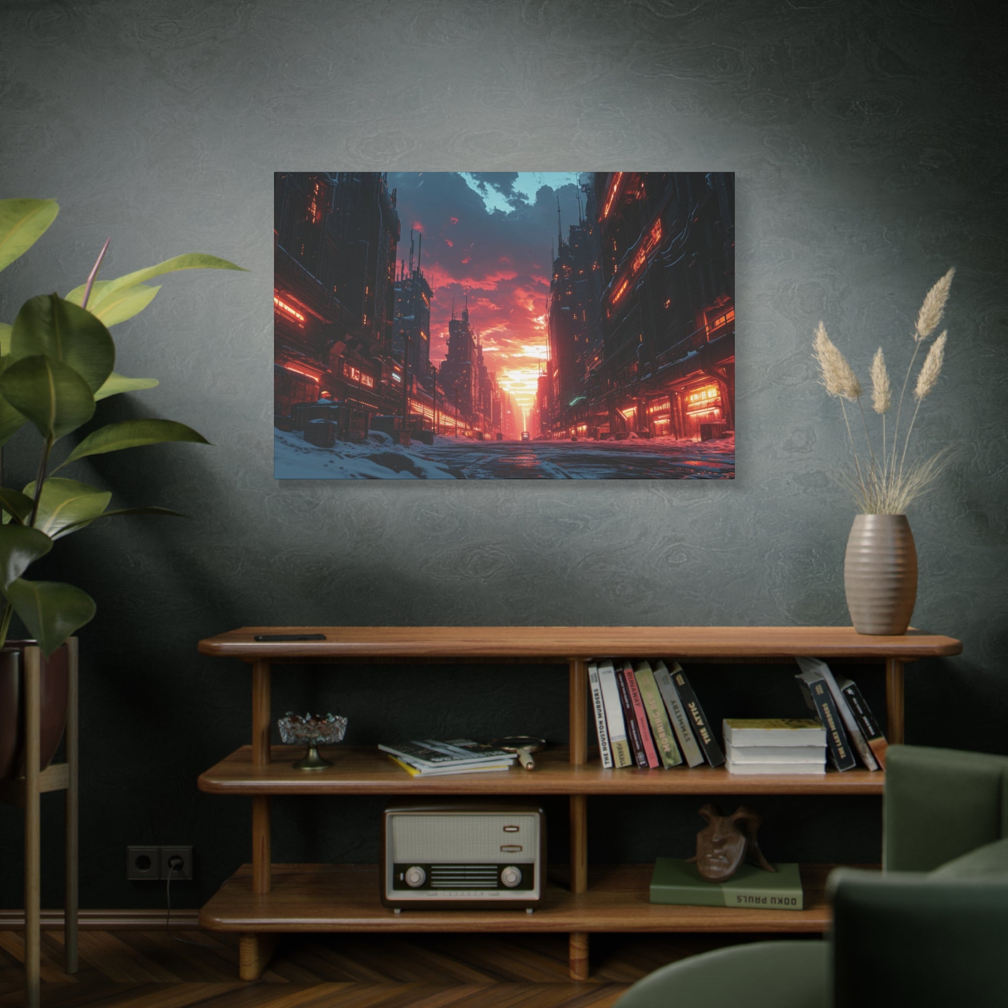 Neon Dusk: Cybercity's Fiery Skyline Canvas Art