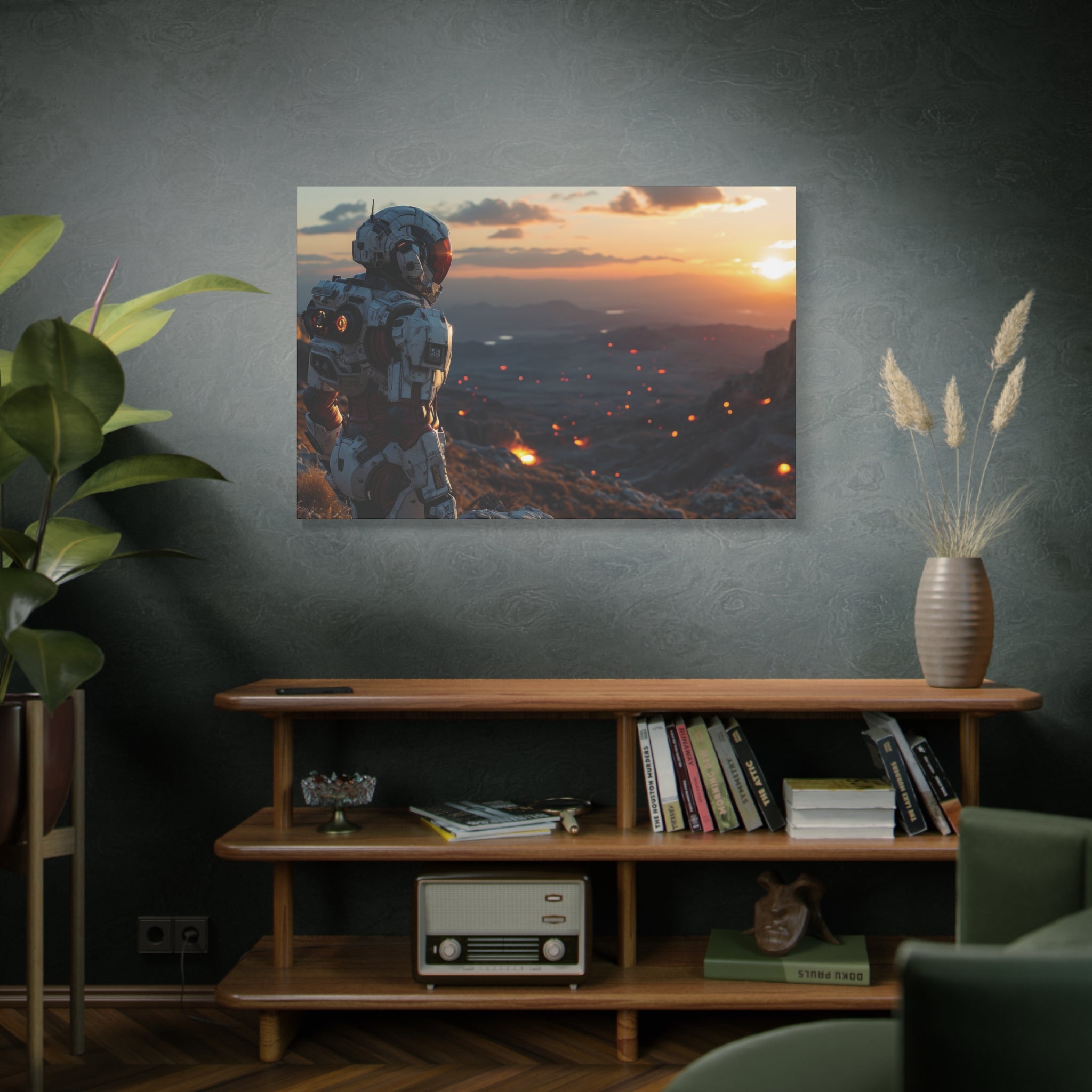 Sunset Sentinel: Mech Warrior Overlooking the Battlefield Canvas Art