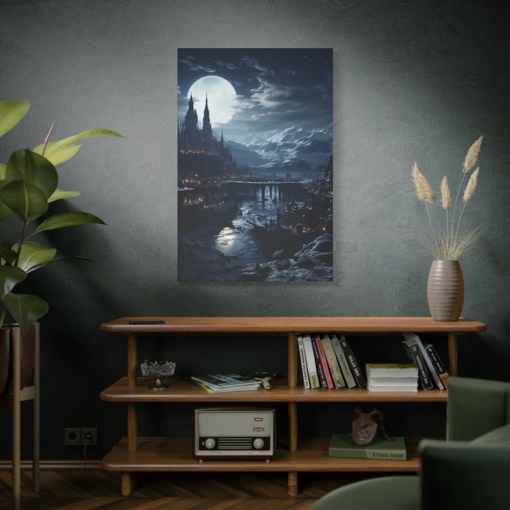 Moonlit Gothic Village: Mystical Mountainscape Canvas Art