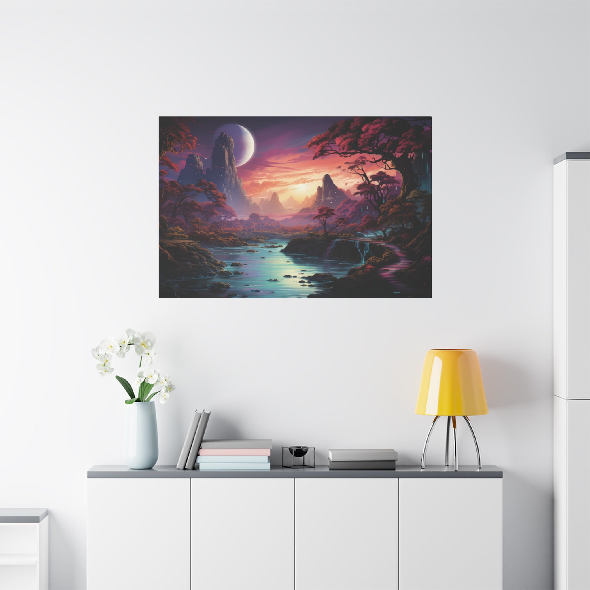 Moonlit Sonata: The Mystical River Valley Canvas Art