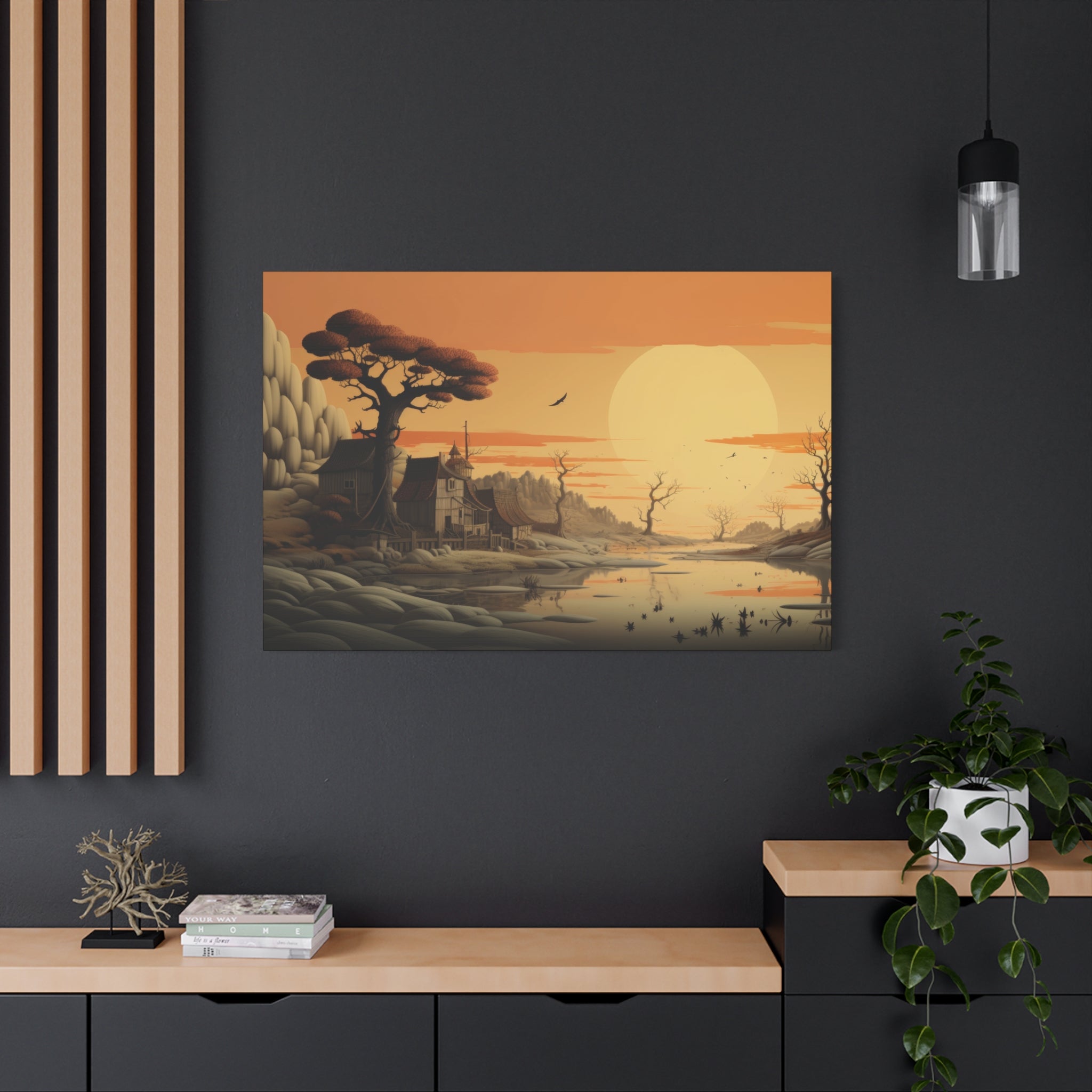 Sunset Serenity: Rustic Village Canvas Art