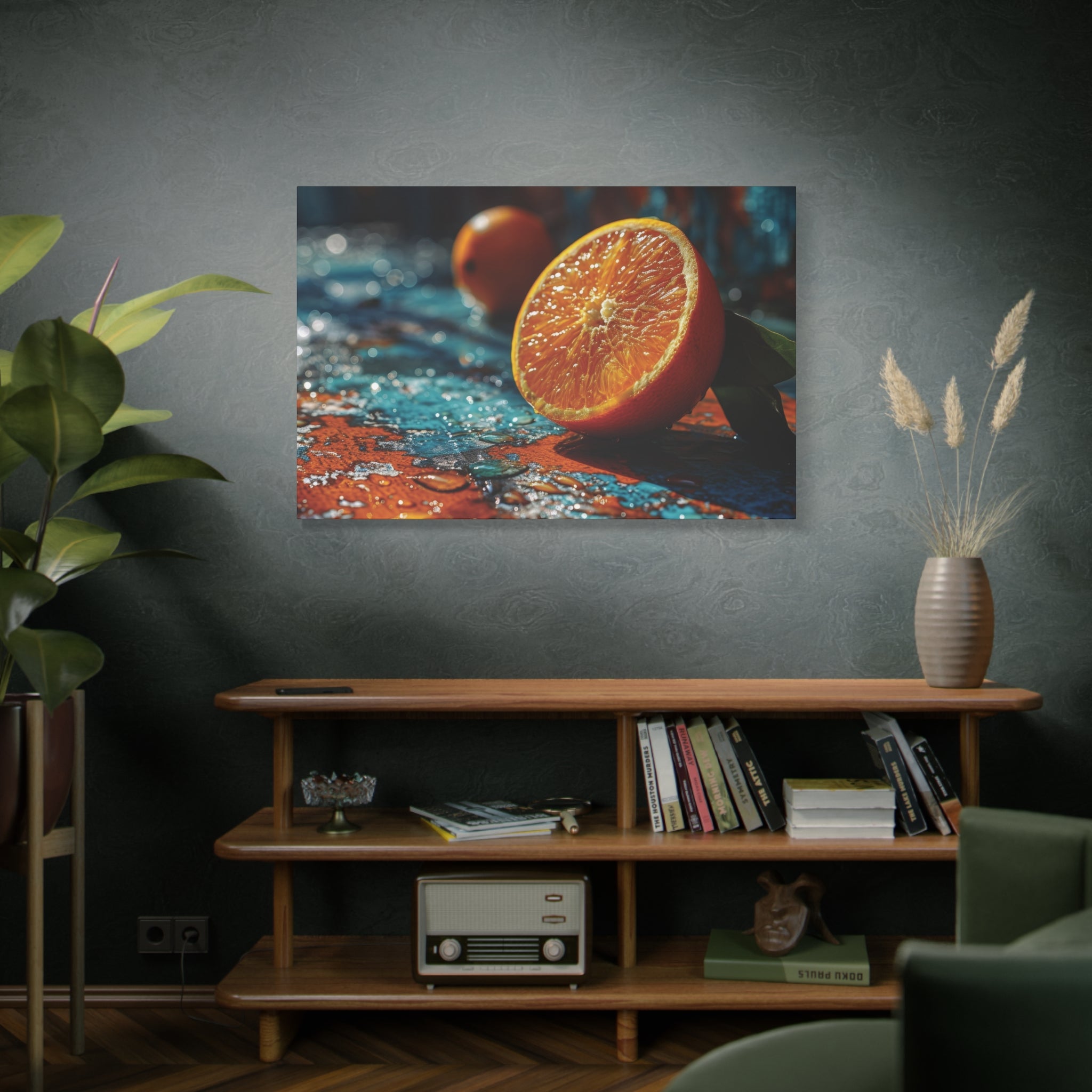 Citrus Gleam: Vivid Orange on Metallic Hues Canvas Art