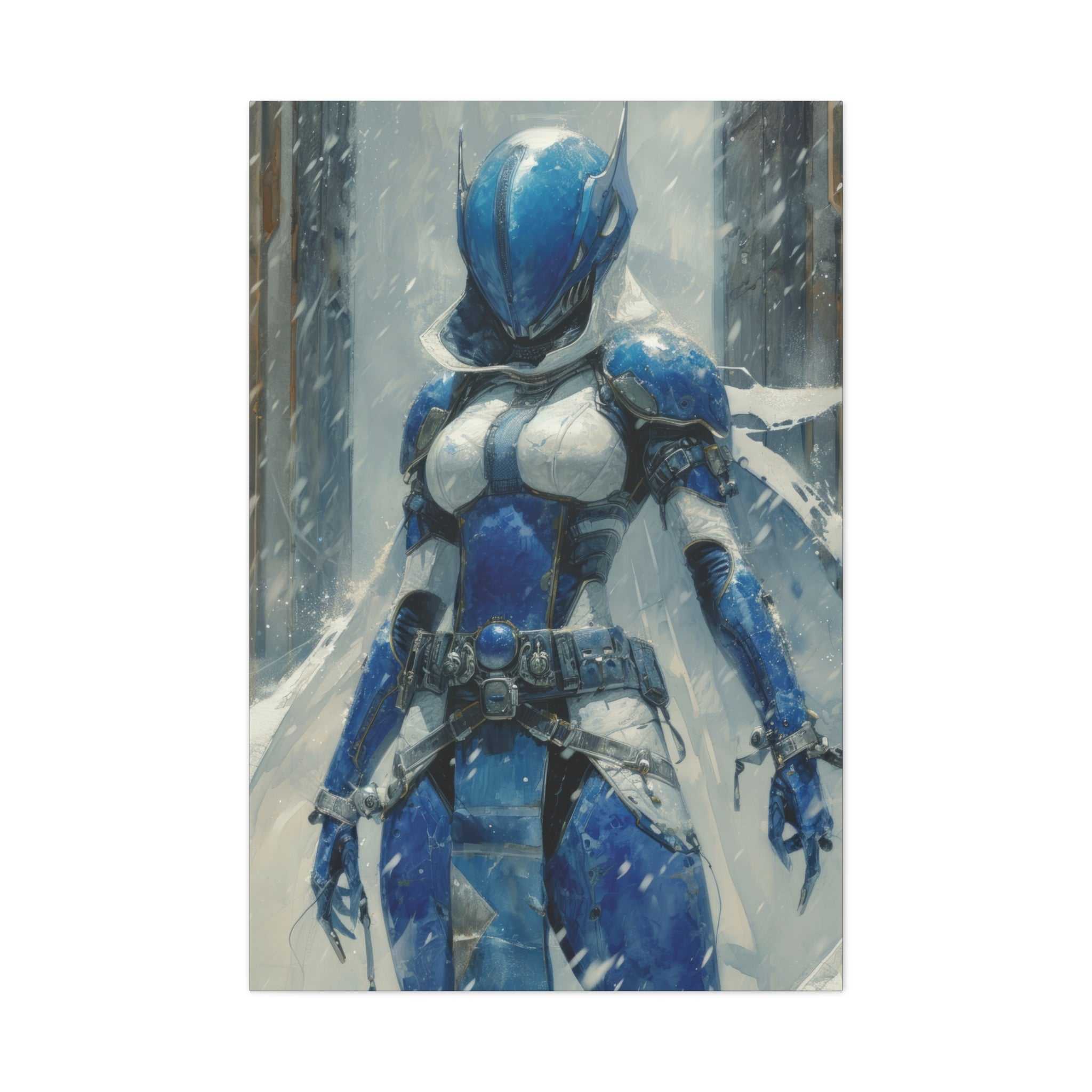 Frost Guardian: Warrior in Blue Armor Canvas Art