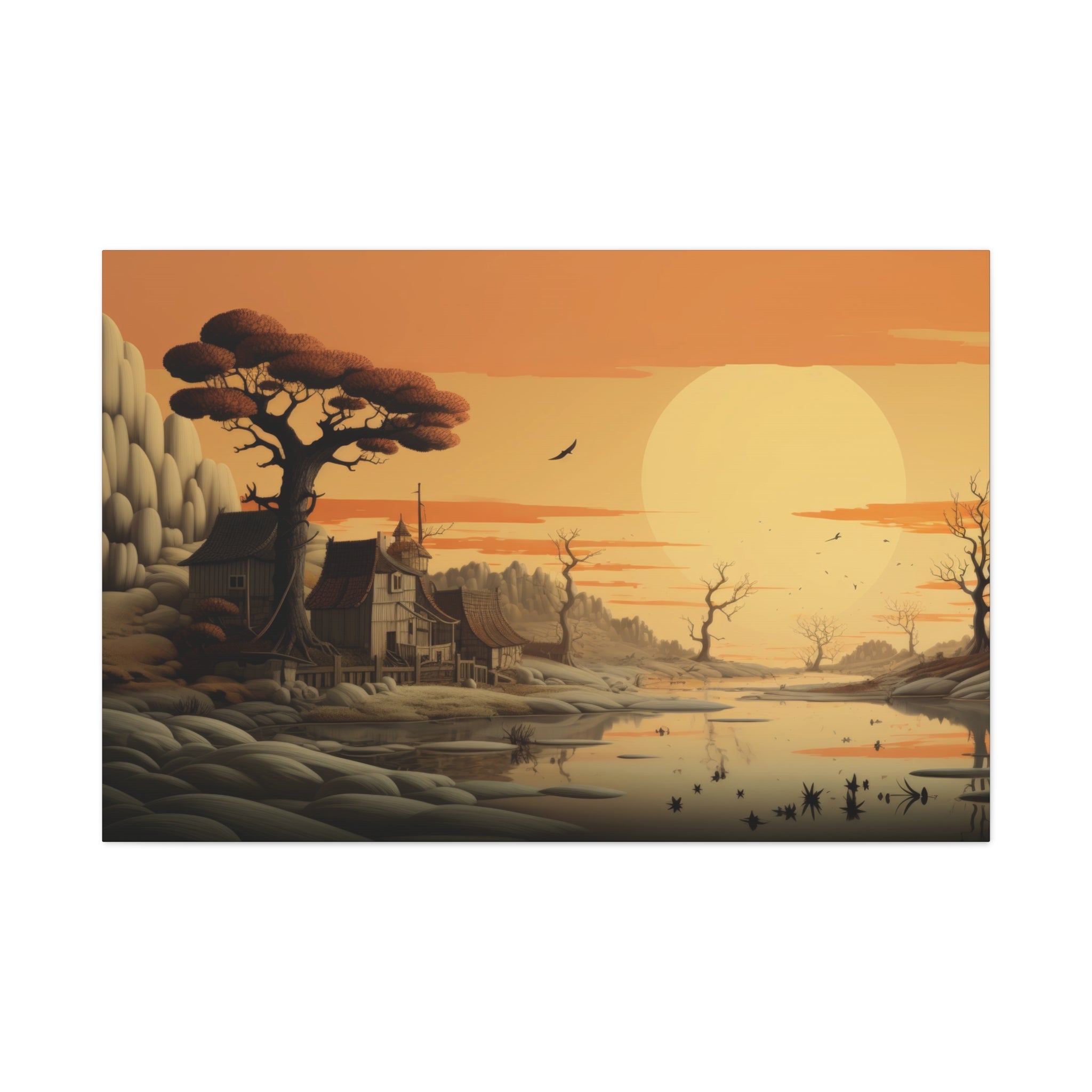 Sunset Serenity: Rustic Village Canvas Art