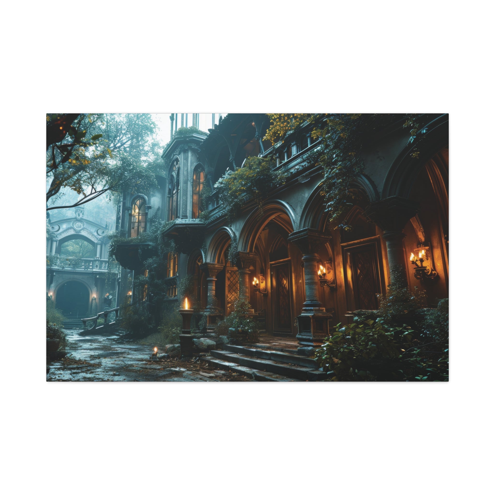 Mystic Manor: Enigmatic Gothic Residence Amidst Nature Canvas Art