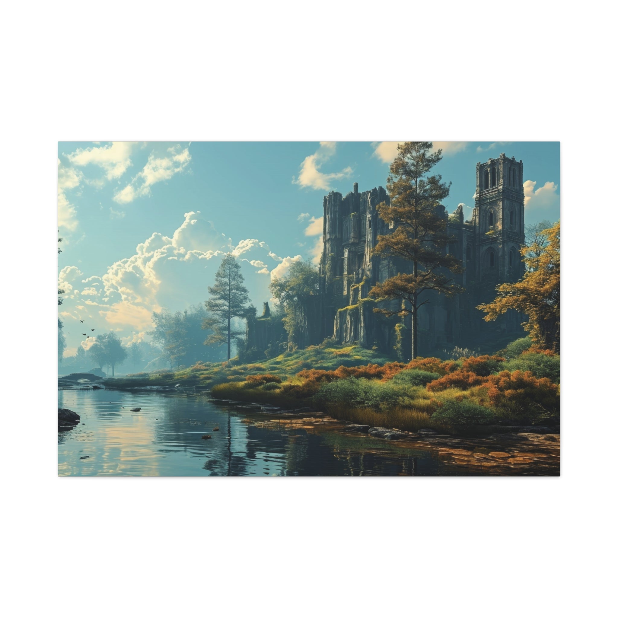 Ancient Ruins by the River: Timeless Landscape Canvas Art