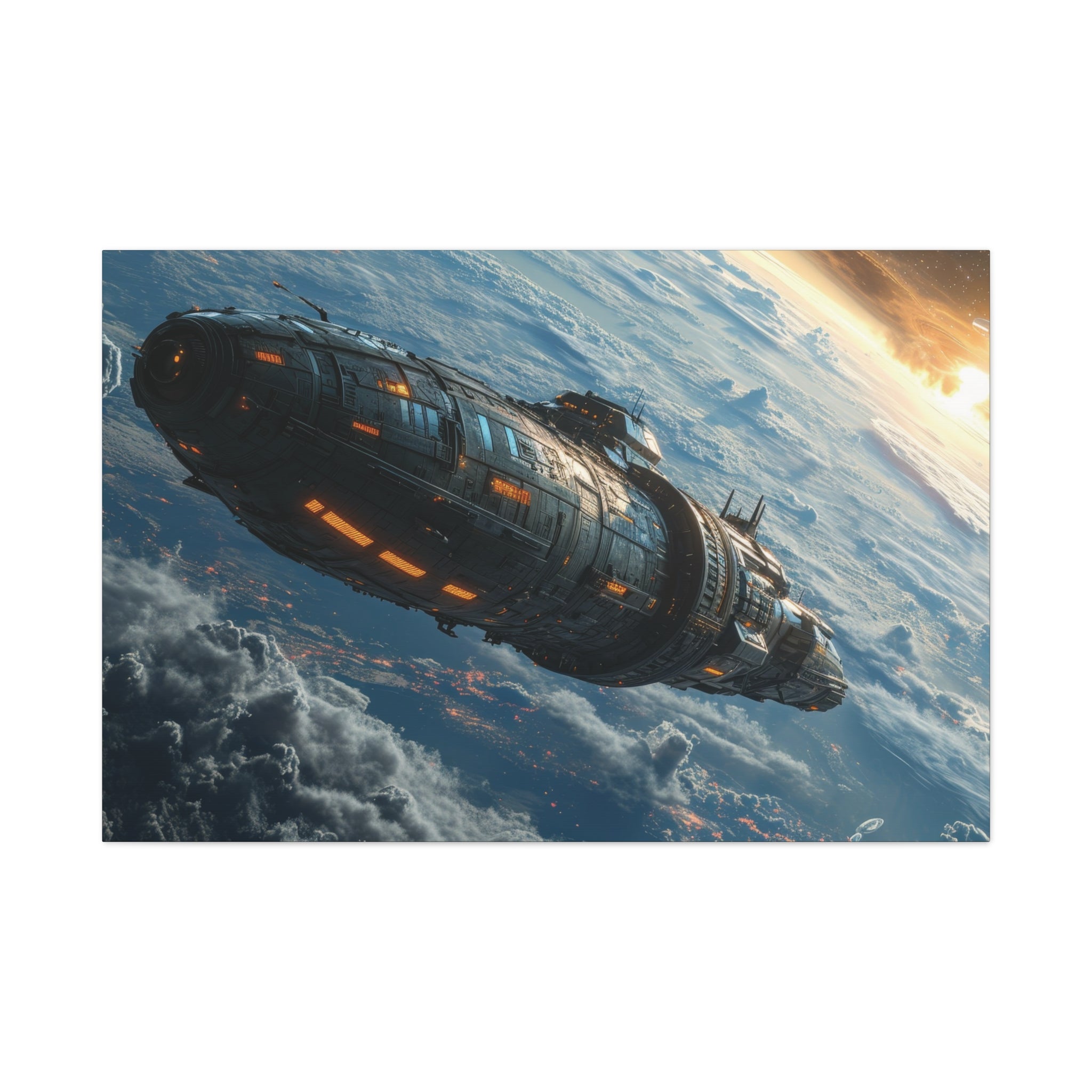 Interstellar Voyage: Orbital Cruiser at Dawn Canvas Art