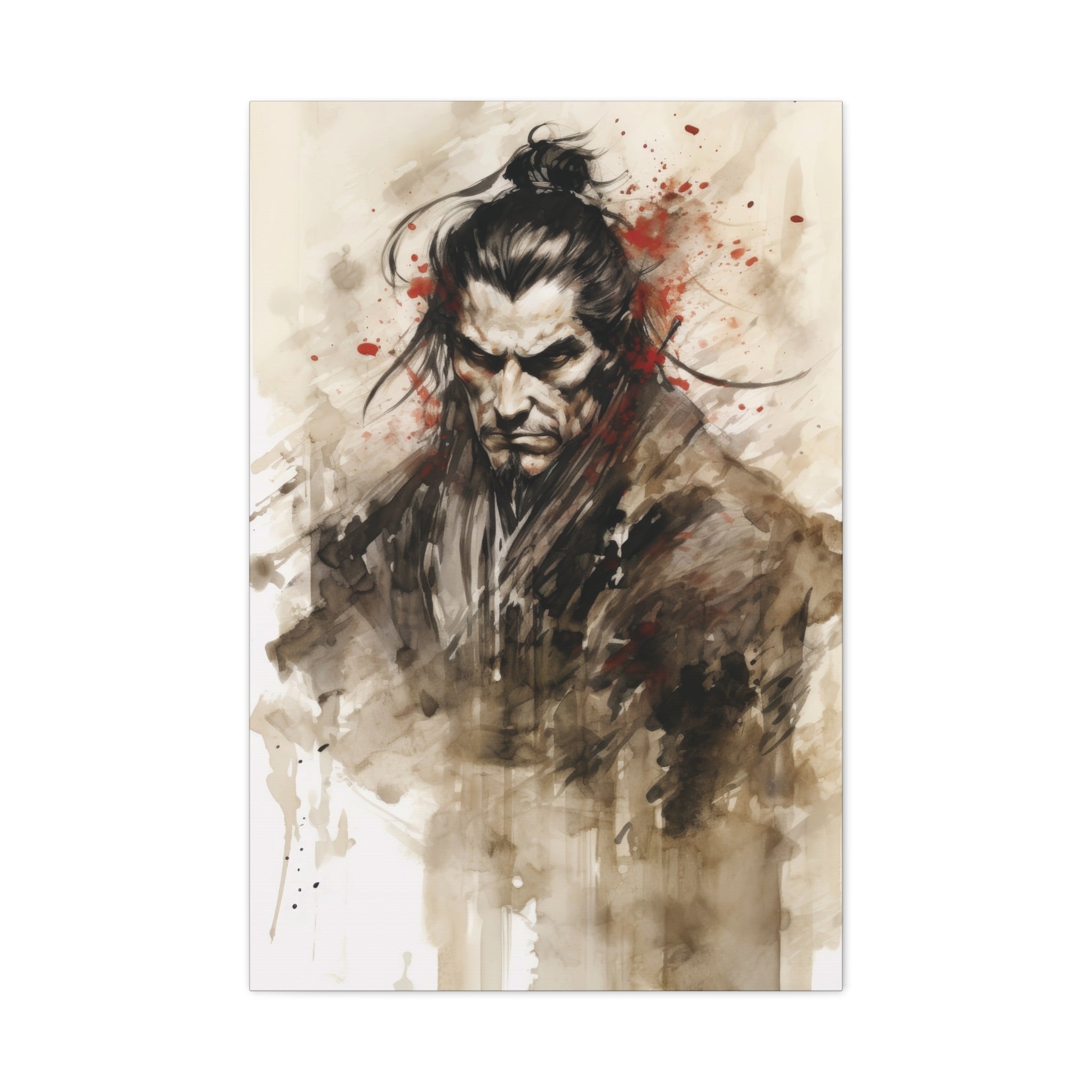 Warriors Resolve: Intense Samurai Watercolor Portrait Canvas Art