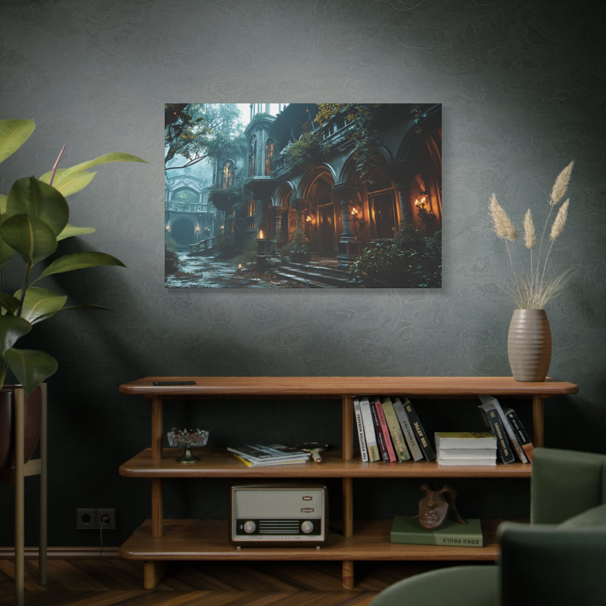 Mystic Manor: Enigmatic Gothic Residence Amidst Nature Canvas Art