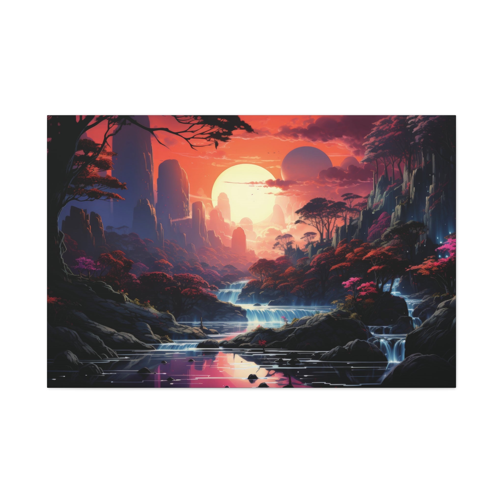 Crimson Dusk: The Enchanted Waterfalls Canvas Art