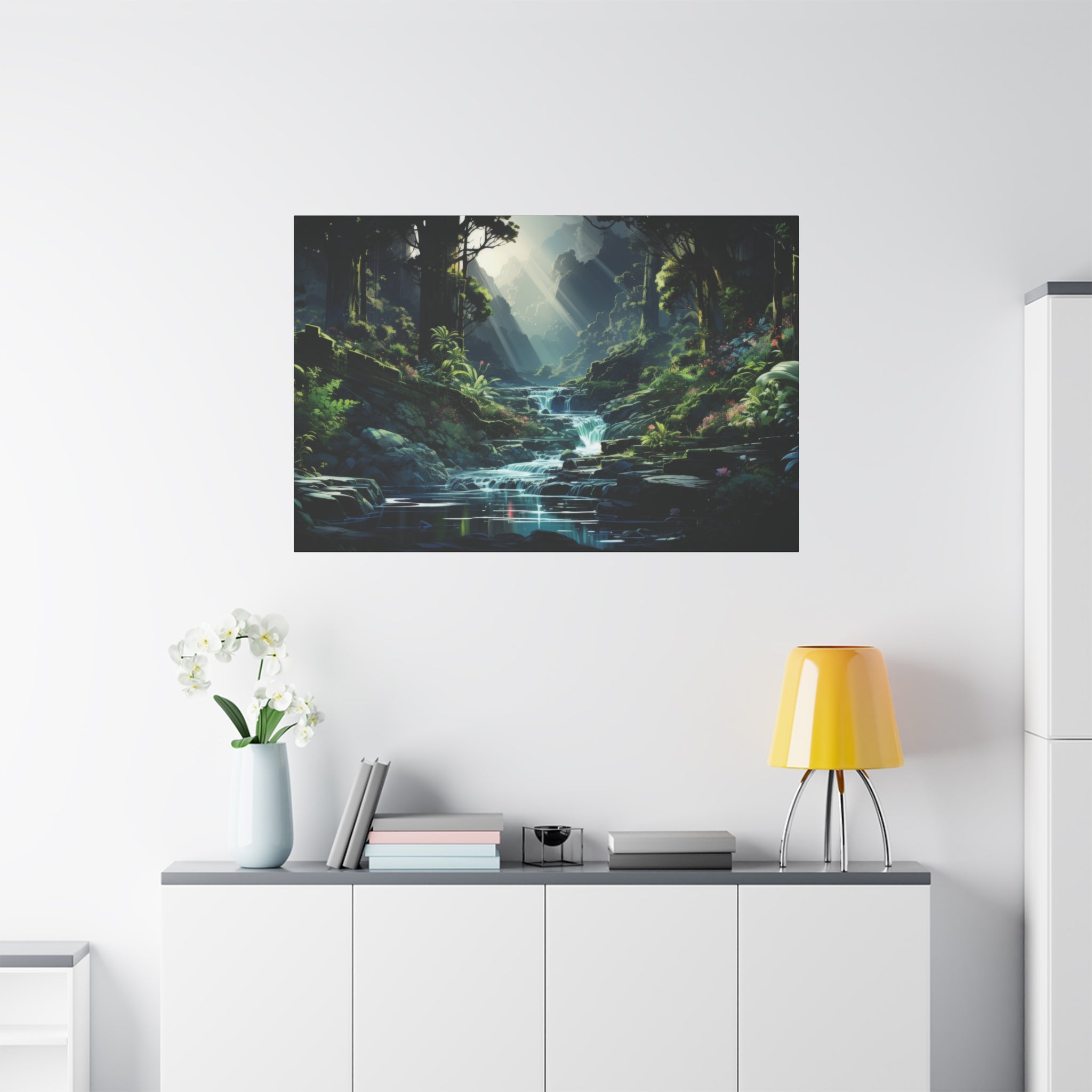 Luminous Glen: The Radiant Waterfall Oasis Canvas Art