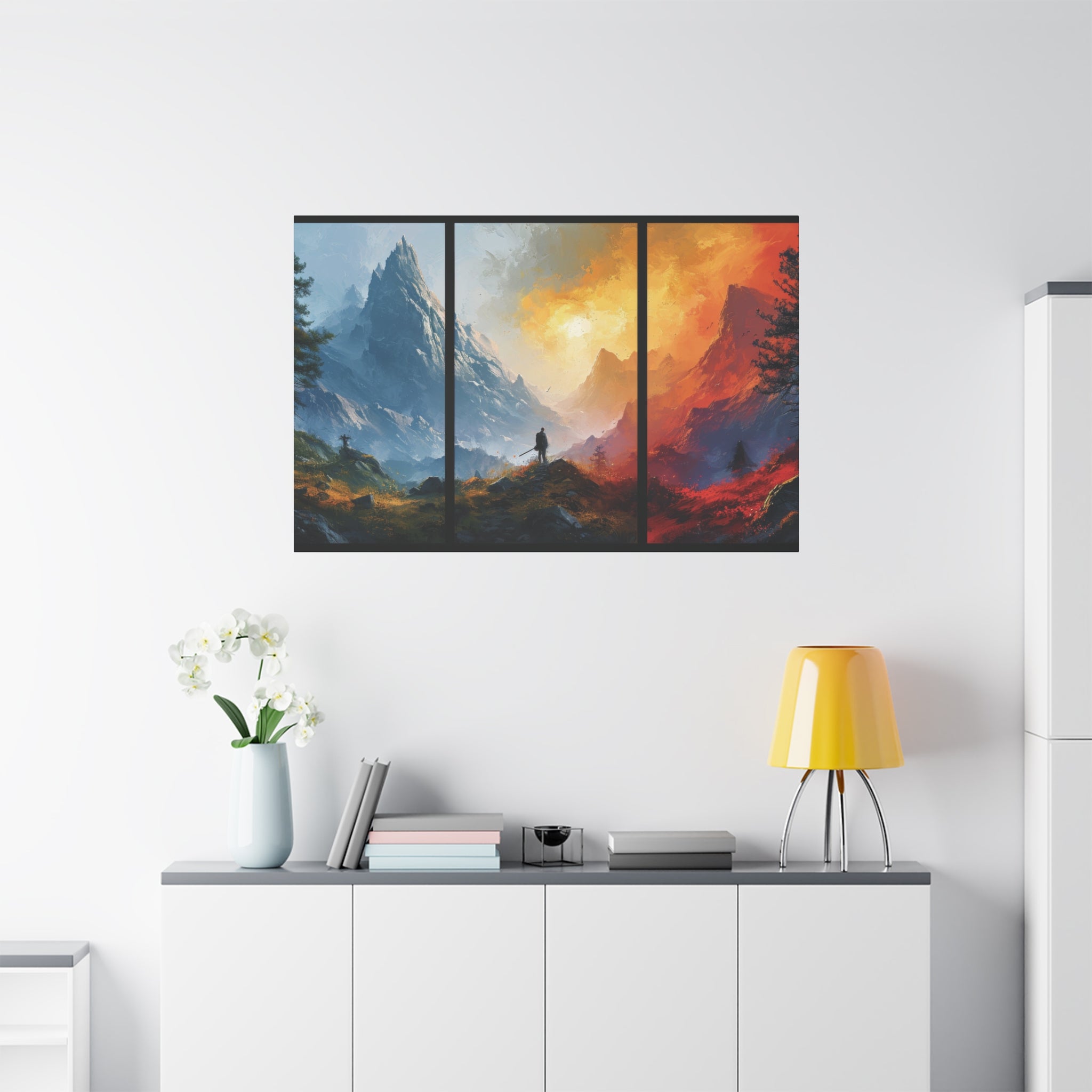 Epic Alpine Quest: Triptych Mountain Adventure Canvas Art