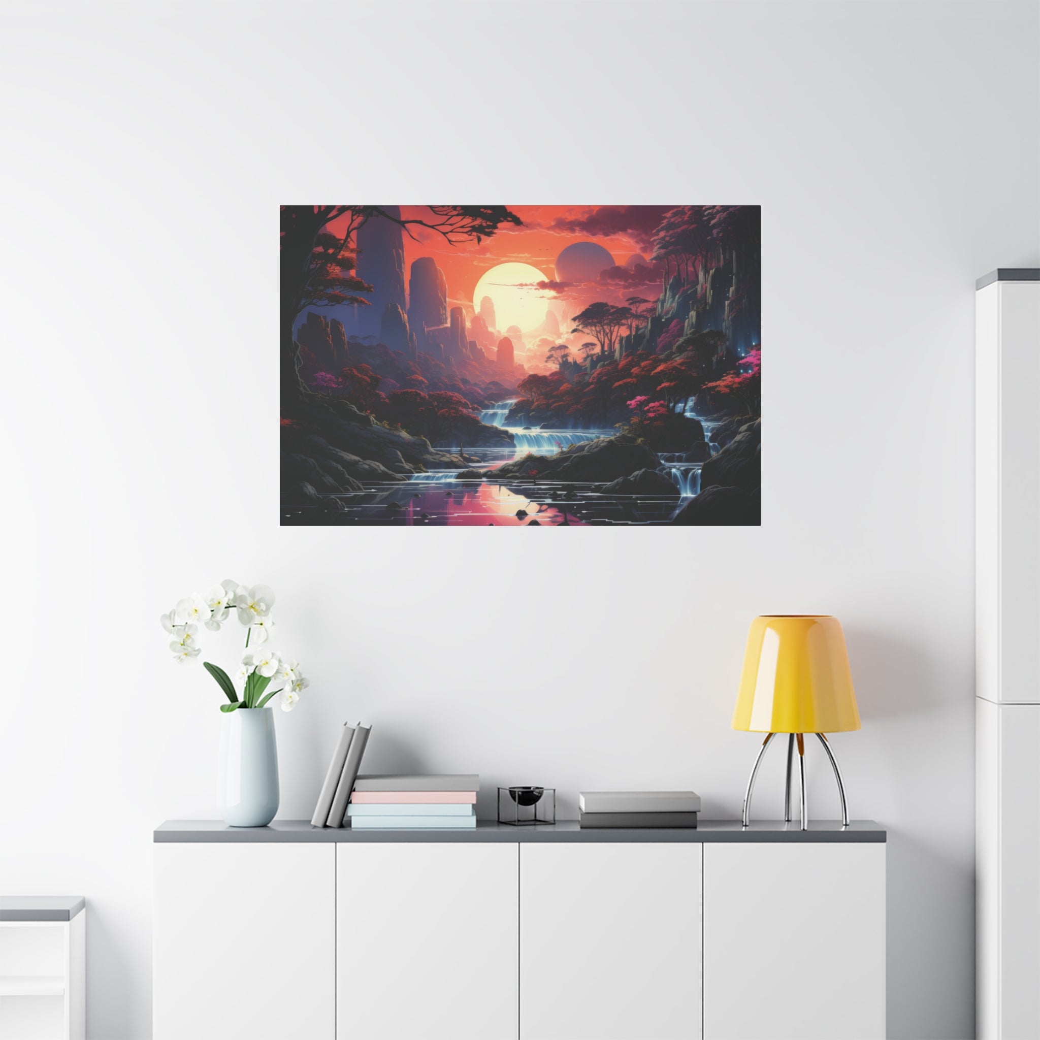 Crimson Dusk: The Enchanted Waterfalls Canvas Art