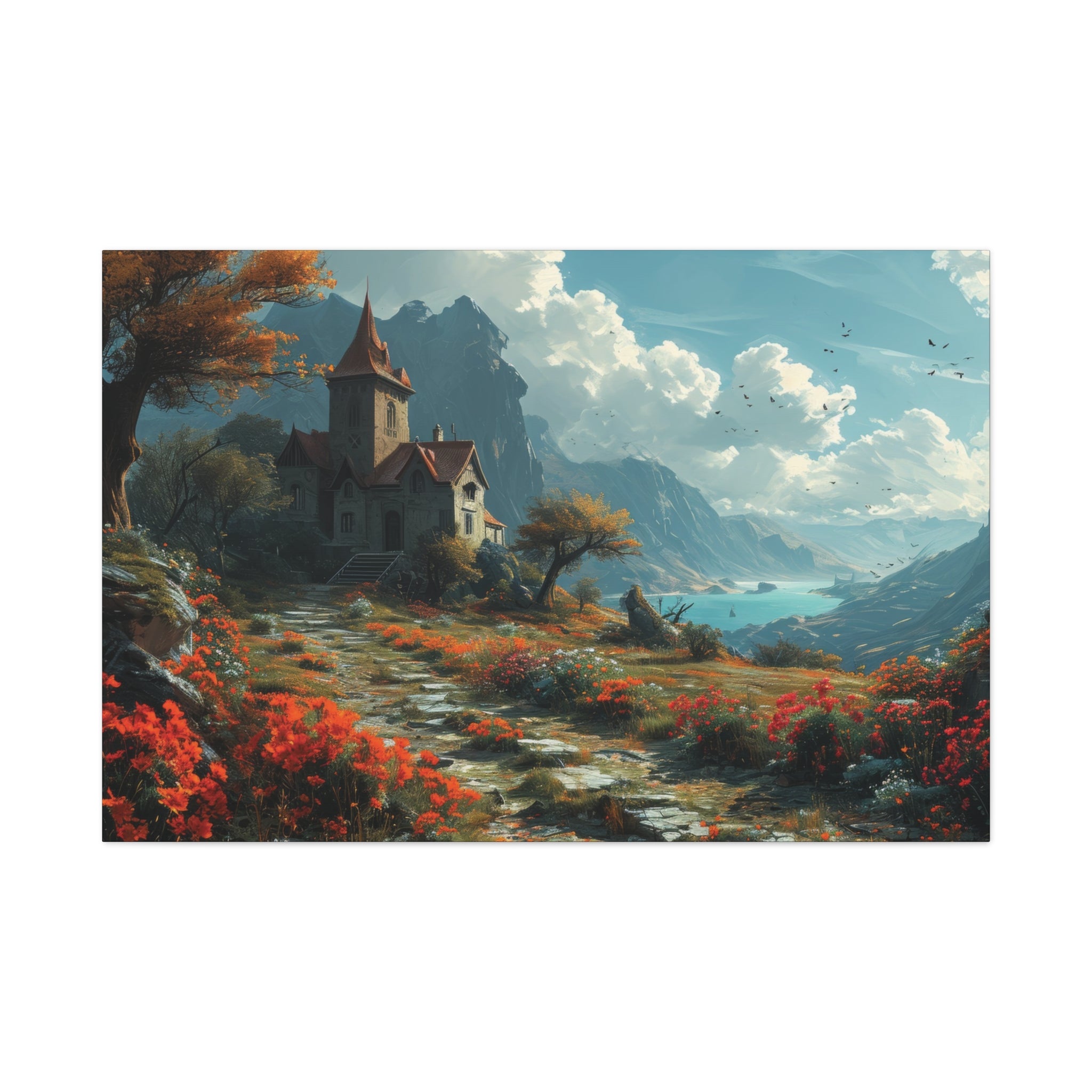 Lakeside Chapel Retreat: Idyllic Countryside Canvas Art