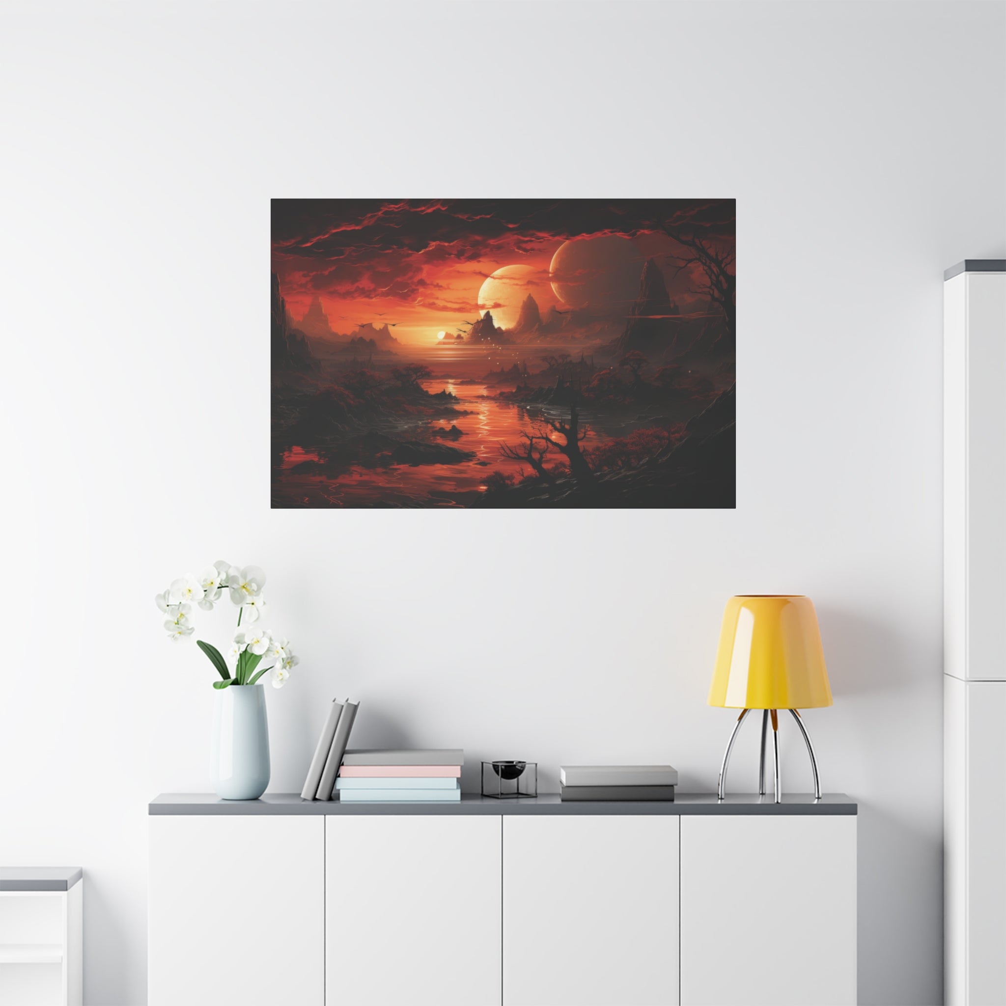 Apocalyptic Serenity: Crimson Eclipse Over Alien Landscape Canvas Art