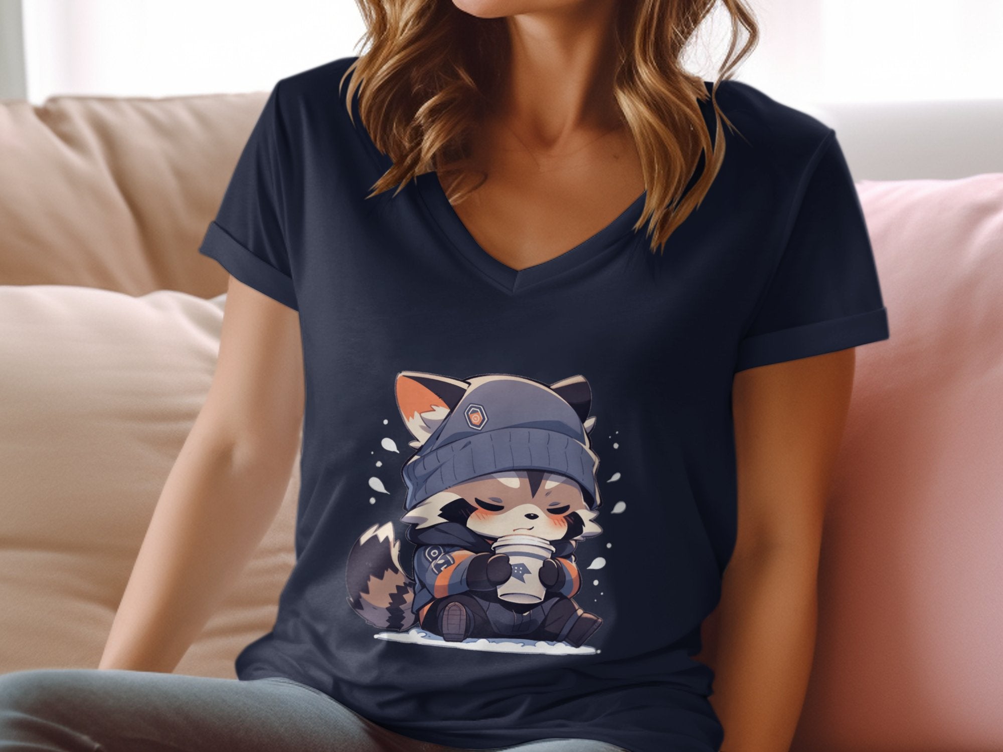 Cute Coffee Raccoon V-Neck T-Shirt