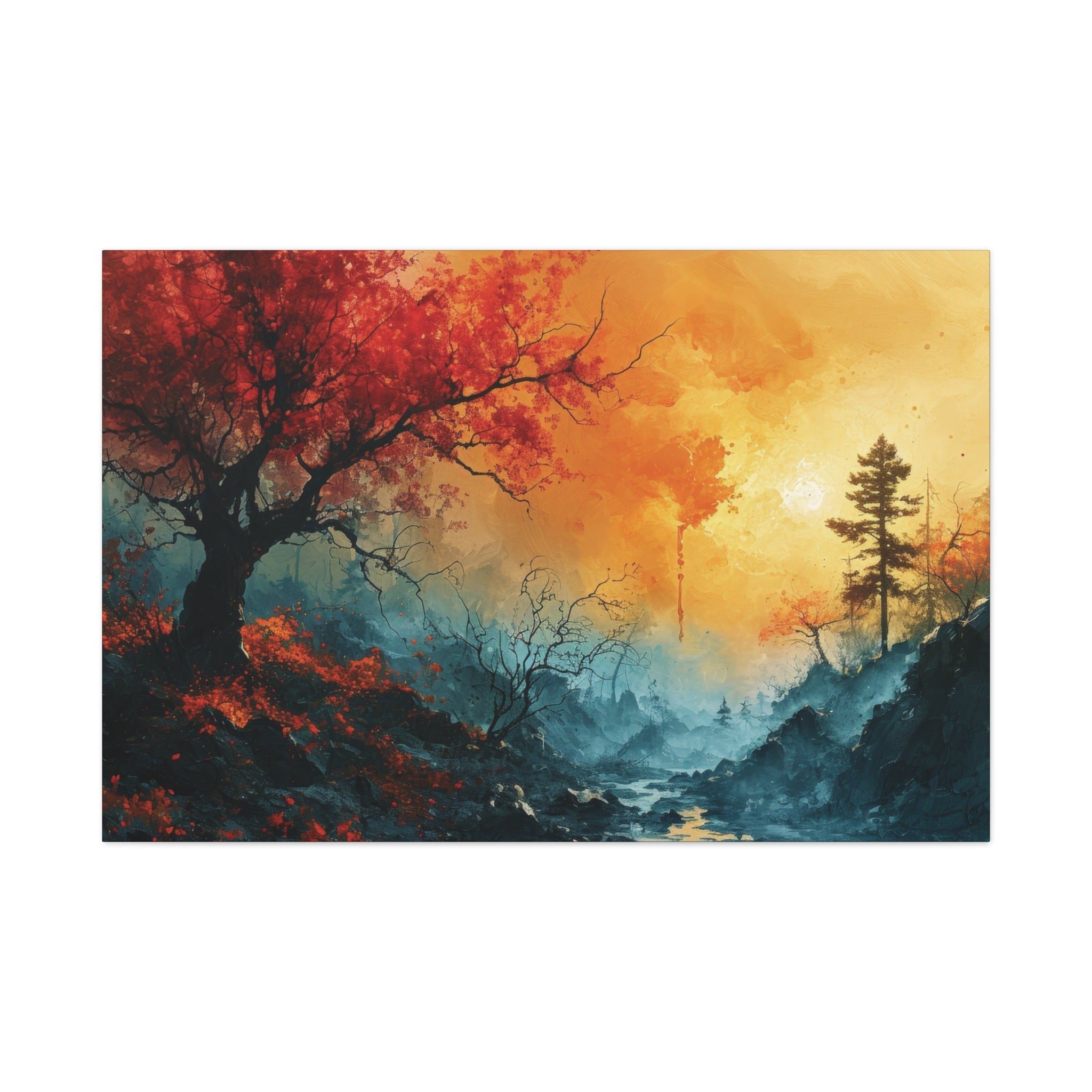 Ethereal Dawn: Fiery Landscape Canvas Art