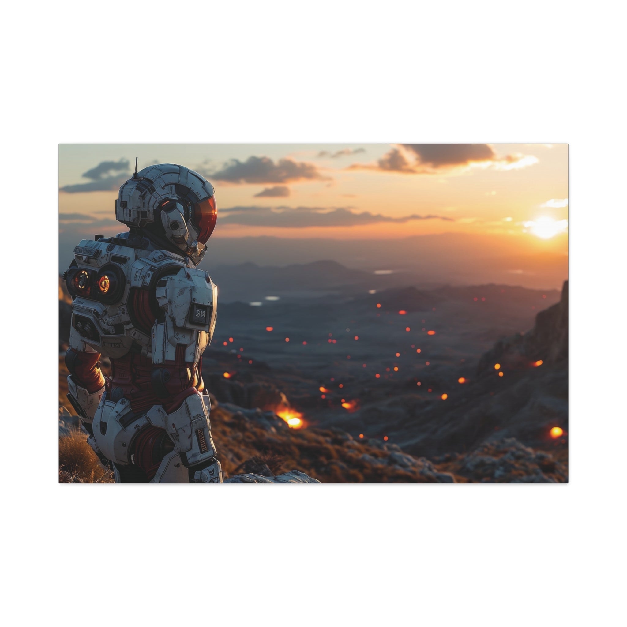 Sunset Sentinel: Mech Warrior Overlooking the Battlefield Canvas Art