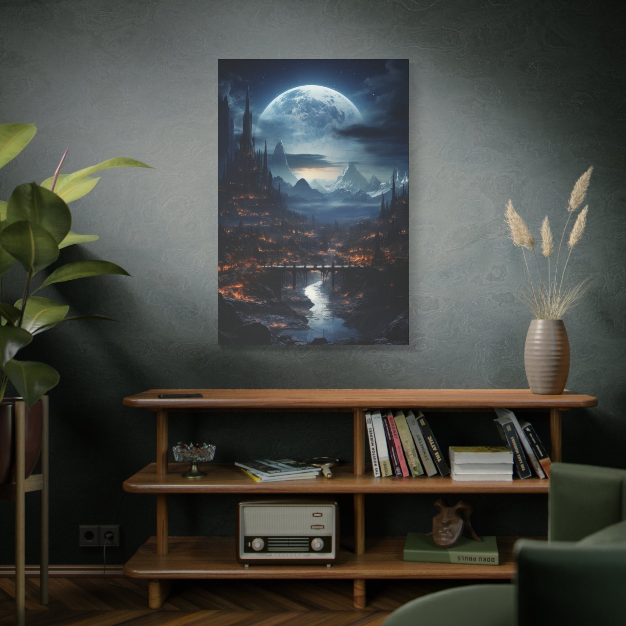 Majestic Moonlight Cityscape: Lunar Fantasy Realm Canvas Art