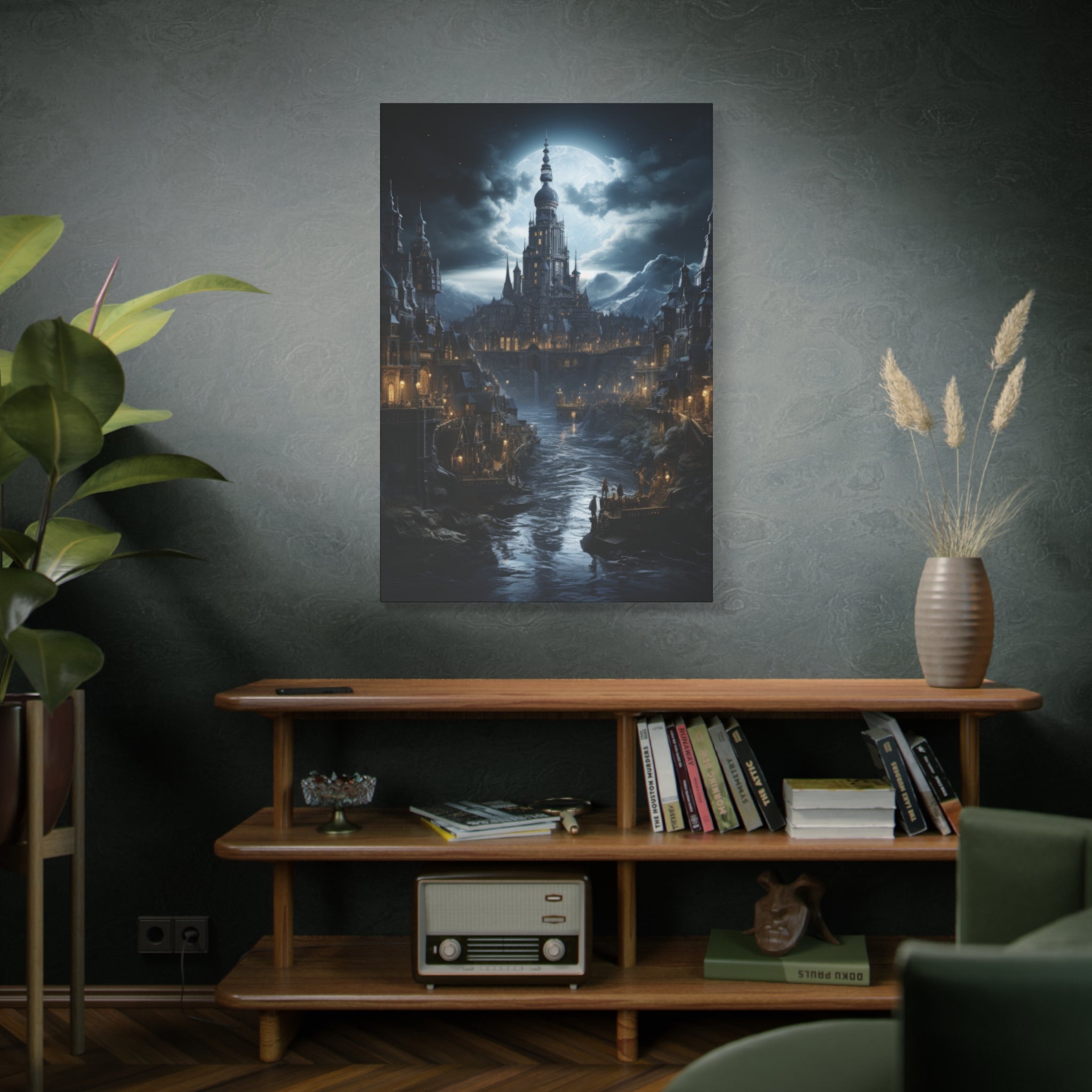 Celestial Nocturne Spire: Midnight River Canvas Art