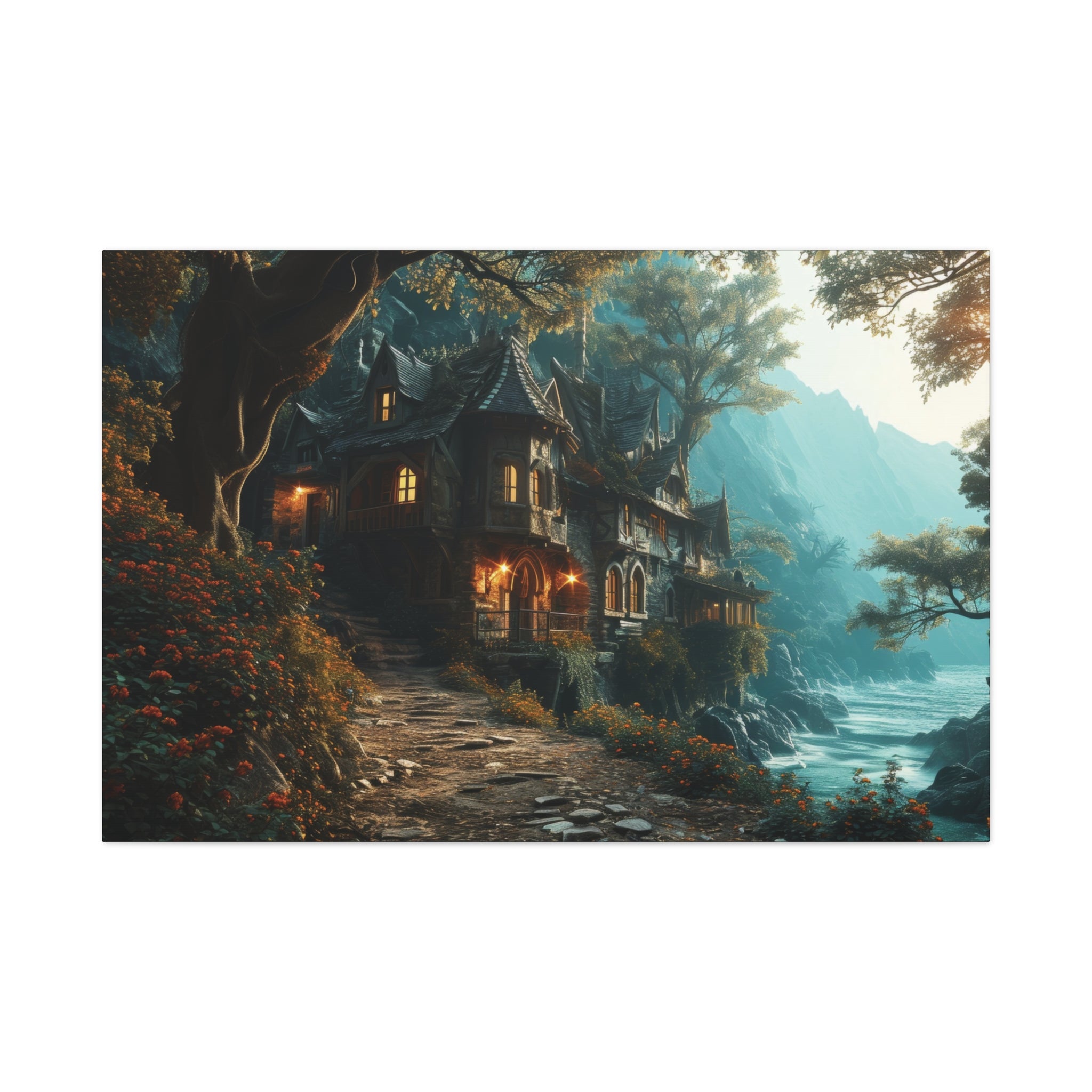 Enchanted Abode: Riverside Fantasy Cottage Canvas Art