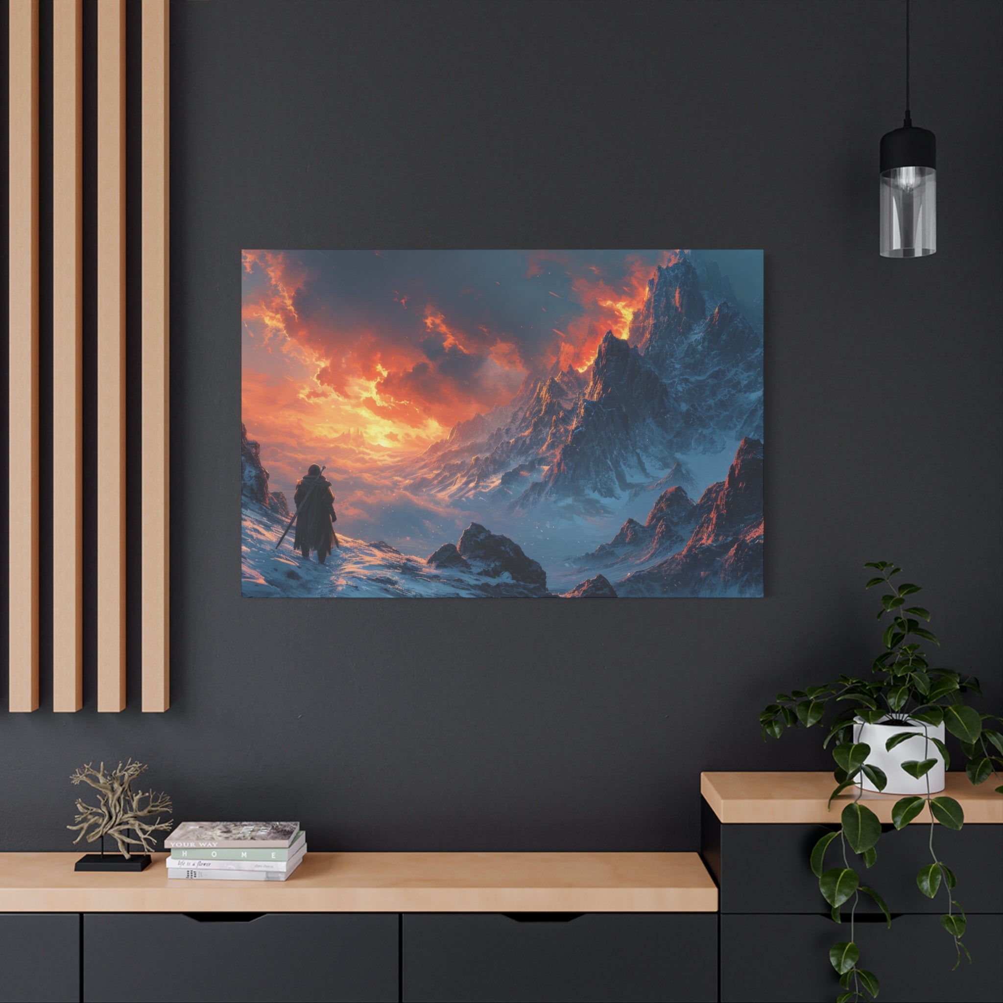 Ascend to the Flame: A Hero's Journey Through the Frozen Peaks Canvas Art