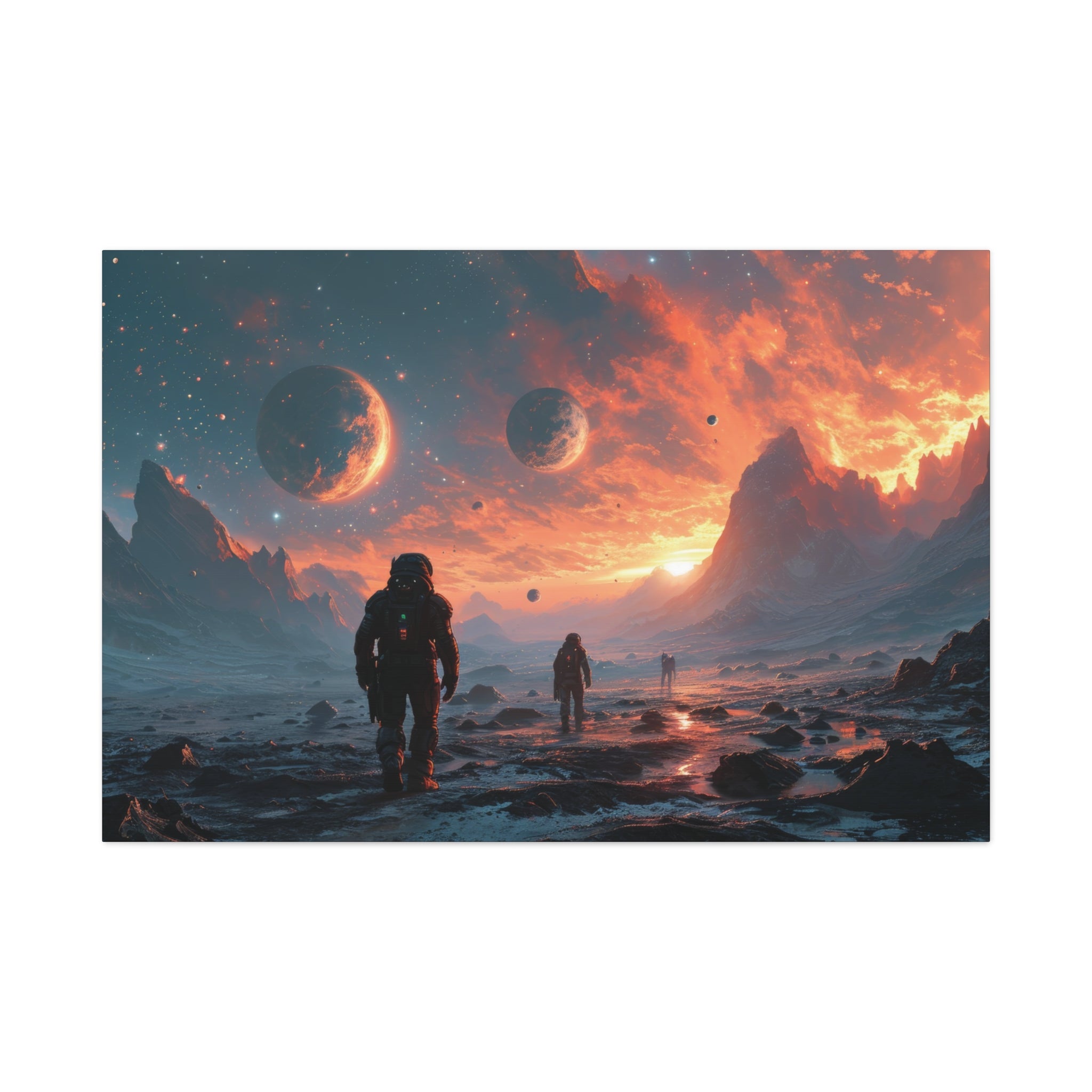 Interstellar Expedition: Astronauts on Alien Terrain Canvas Art