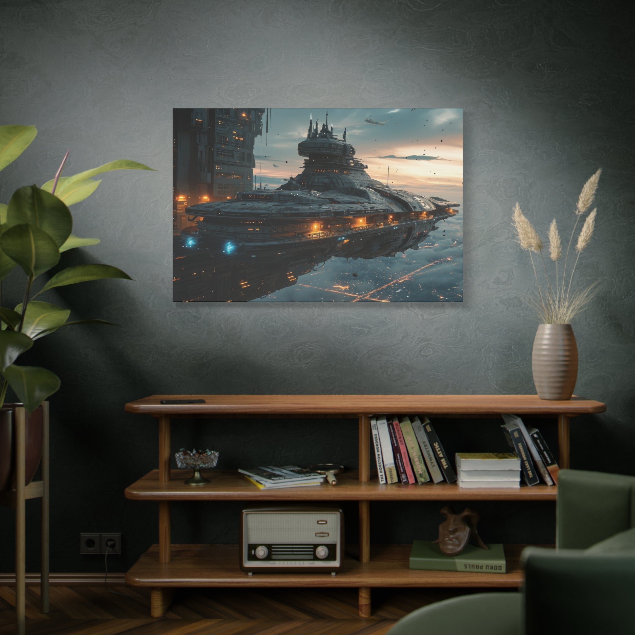 Interstellar Haven: A Majestic Spaceport Amidst the Clouds Canvas Art