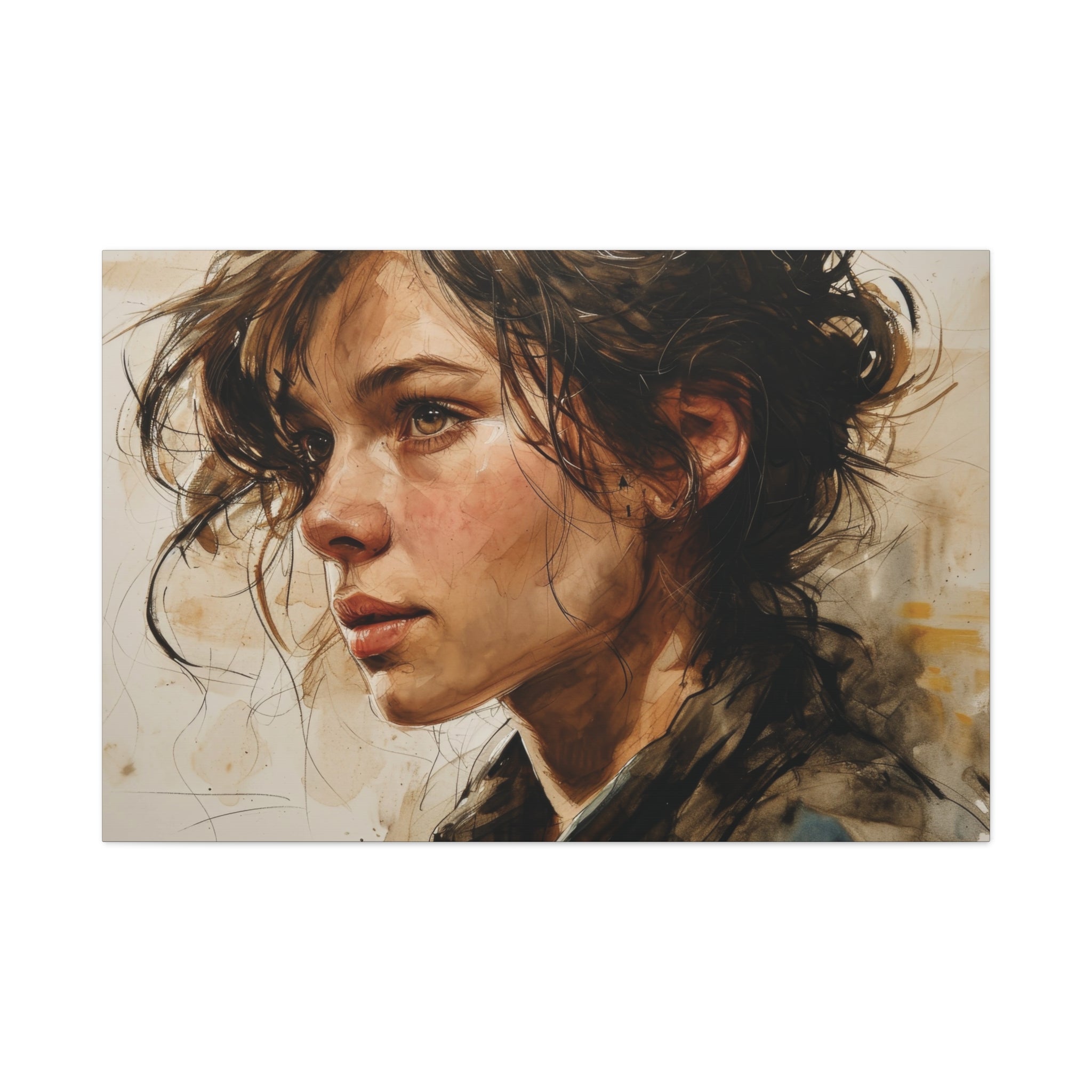 Introspective Gaze: Expressive Watercolor Portrait Canvas Art